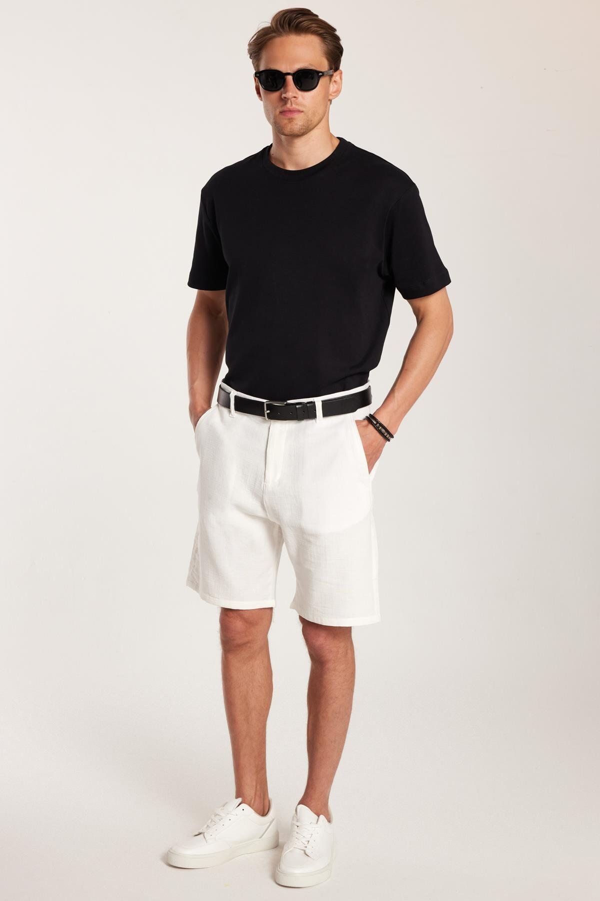 Tudors-Men's Regular Relaxed Fit Side Pockets Belted Zippered Bermuda White Shorts 3