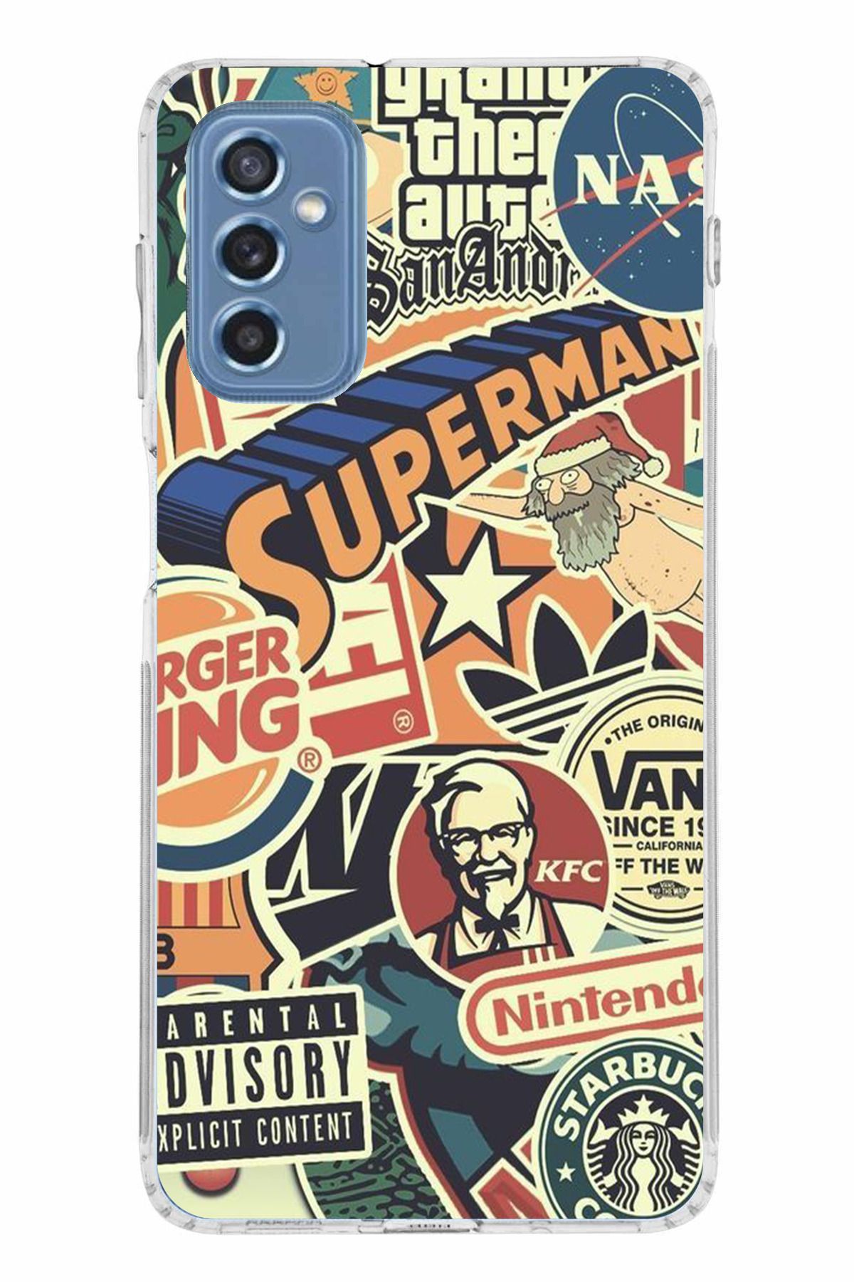 TechTree Samsung Galaxy M52 Uyumlu Retro Nostaljik Markalar Tasarımlı Şeffaf Silikon Kılıf