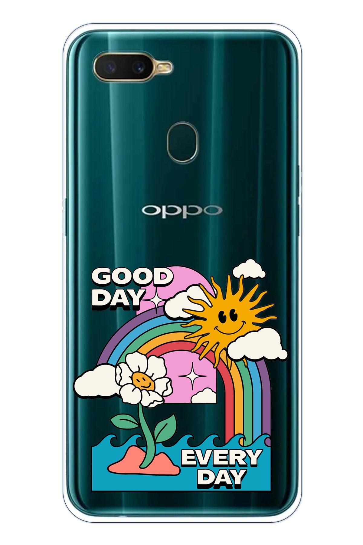 TechTree Oppo A5S- AX7 - A12 Uyumlu Good Day Every Day Tasarımlı Şeffaf Silikon Kılıf