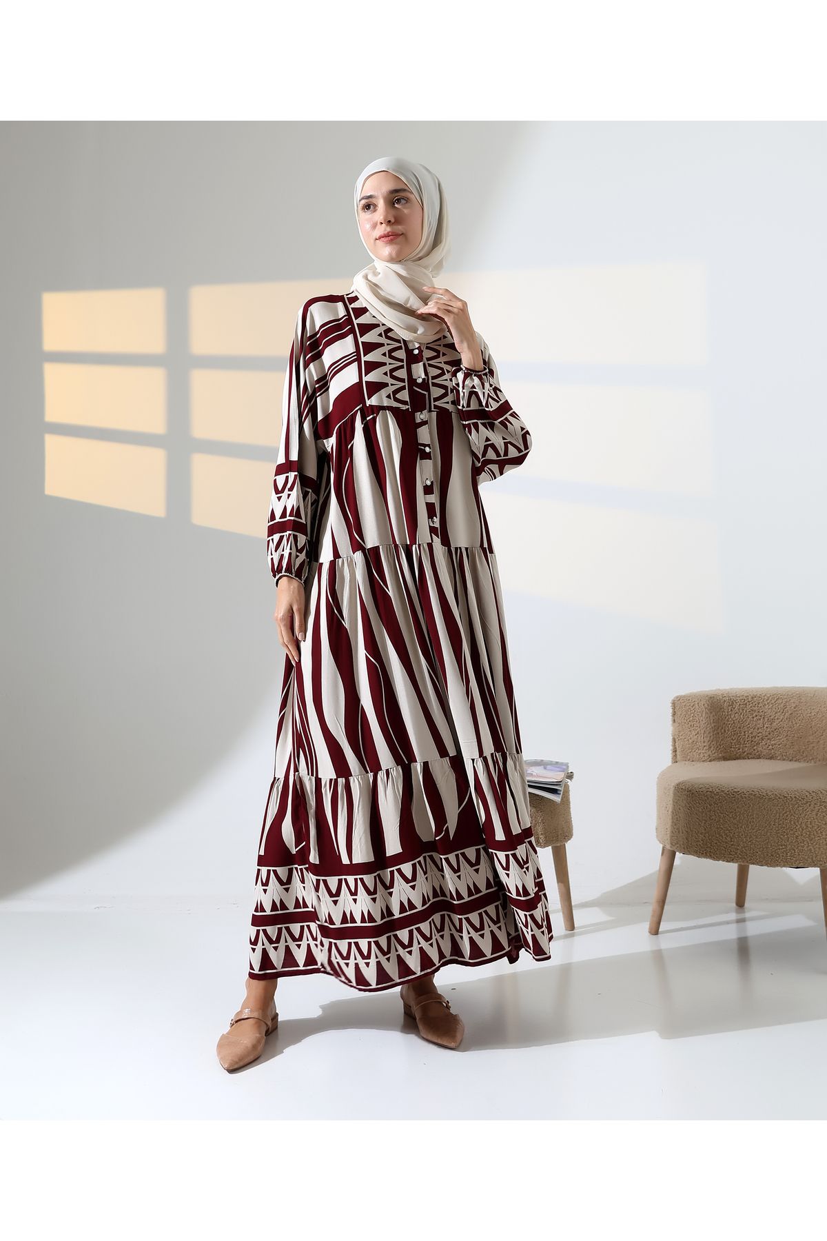 Mihran Butik Kadın 100% Pamuk Viskon Desenli Bordo Tesettür Elbise