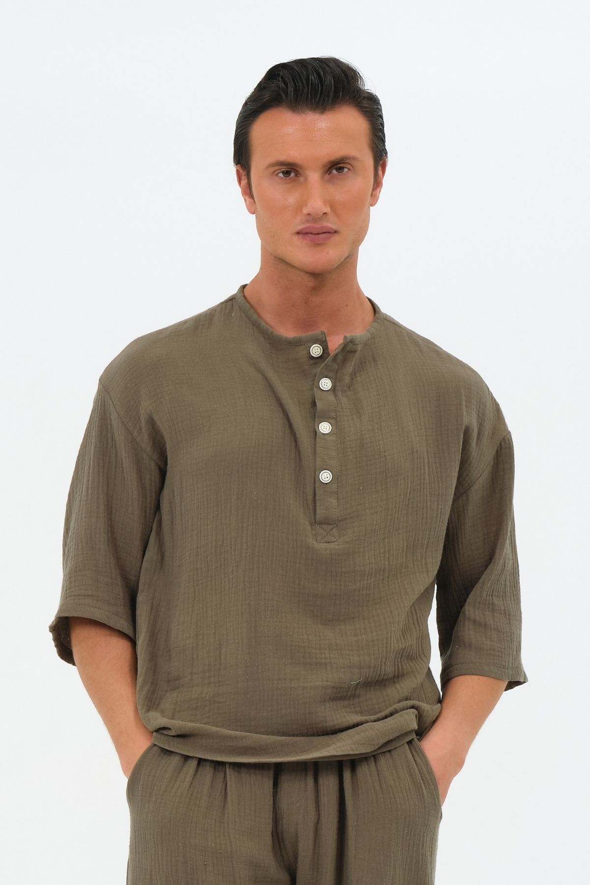 RELAXL %100 Pamuk Müslin Kumaş Fakir Kol Pat Yaka Haki Yeşil Oversize Gömlek
