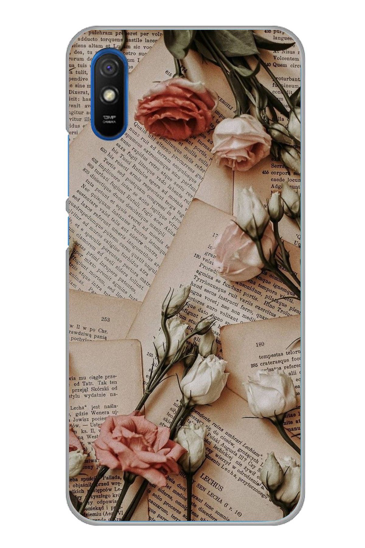 TechTree Redmi 9A Uyumlu Retro Gazete Güller Tasarımlı Şeffaf Silikon Kılıf