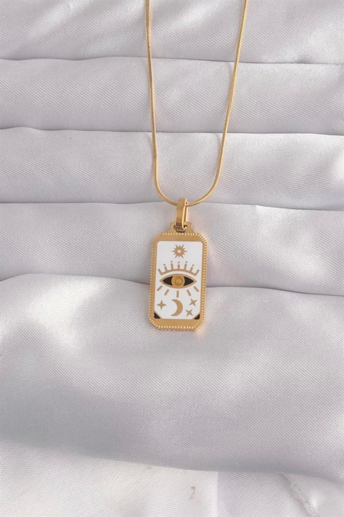Lale Moda 316L Çelik Gold Renk Beyaz Mineli Göz Figür Tarot Kolye
