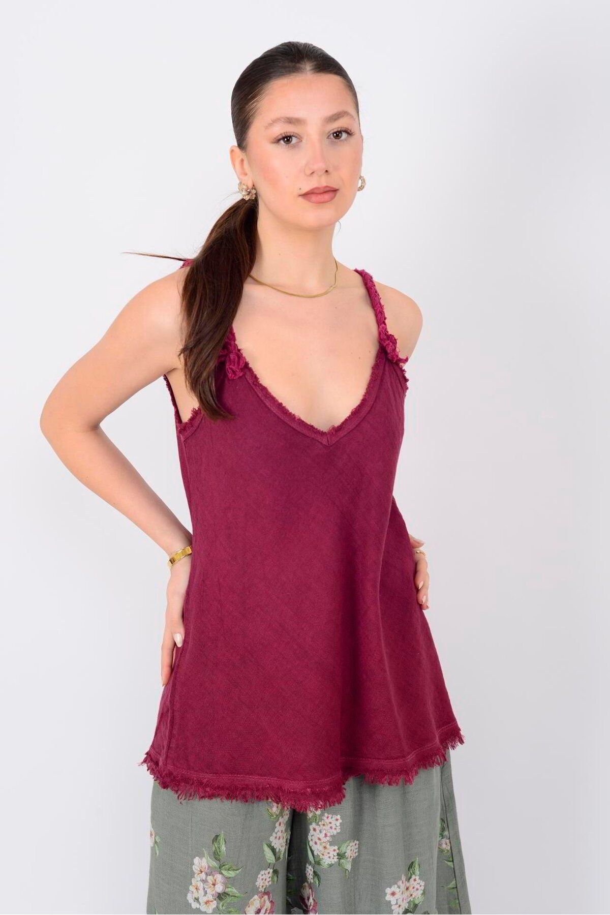 Park Moda Saçak Detaylı Askılı Keten Bluz