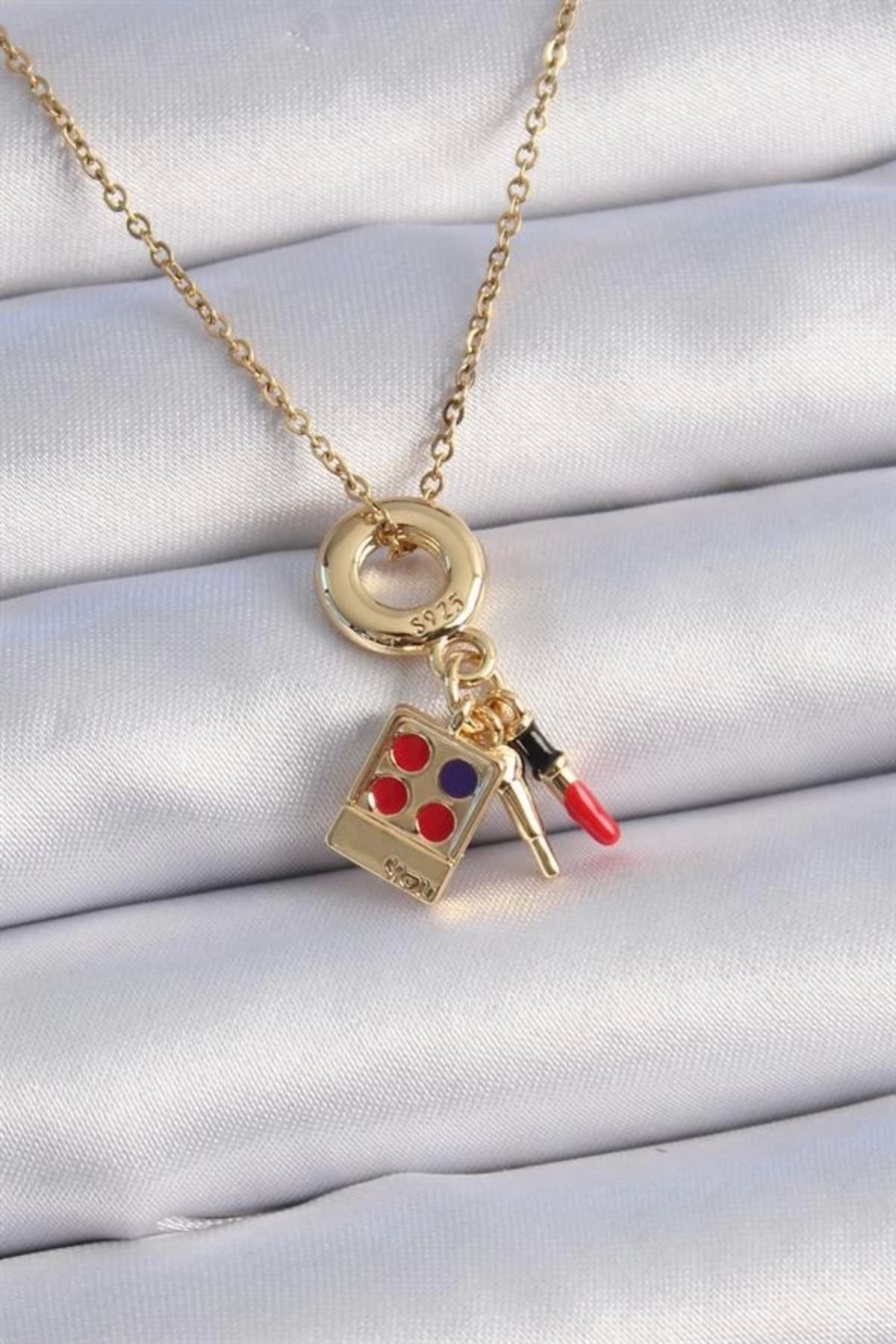 Lale Moda 316L Çelik Gold Renk Makyaj Paleti Figür Charm Model Kadın Kolye