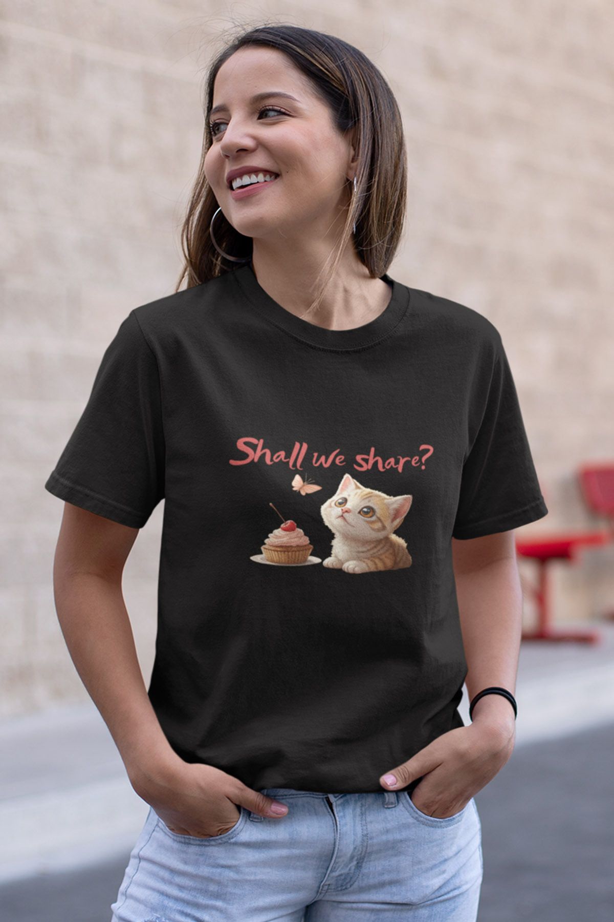 qoeuyl boutique Shall We Share Sevimli Kedi Baskılı Unısex %100 Pamuklu T-Shirt