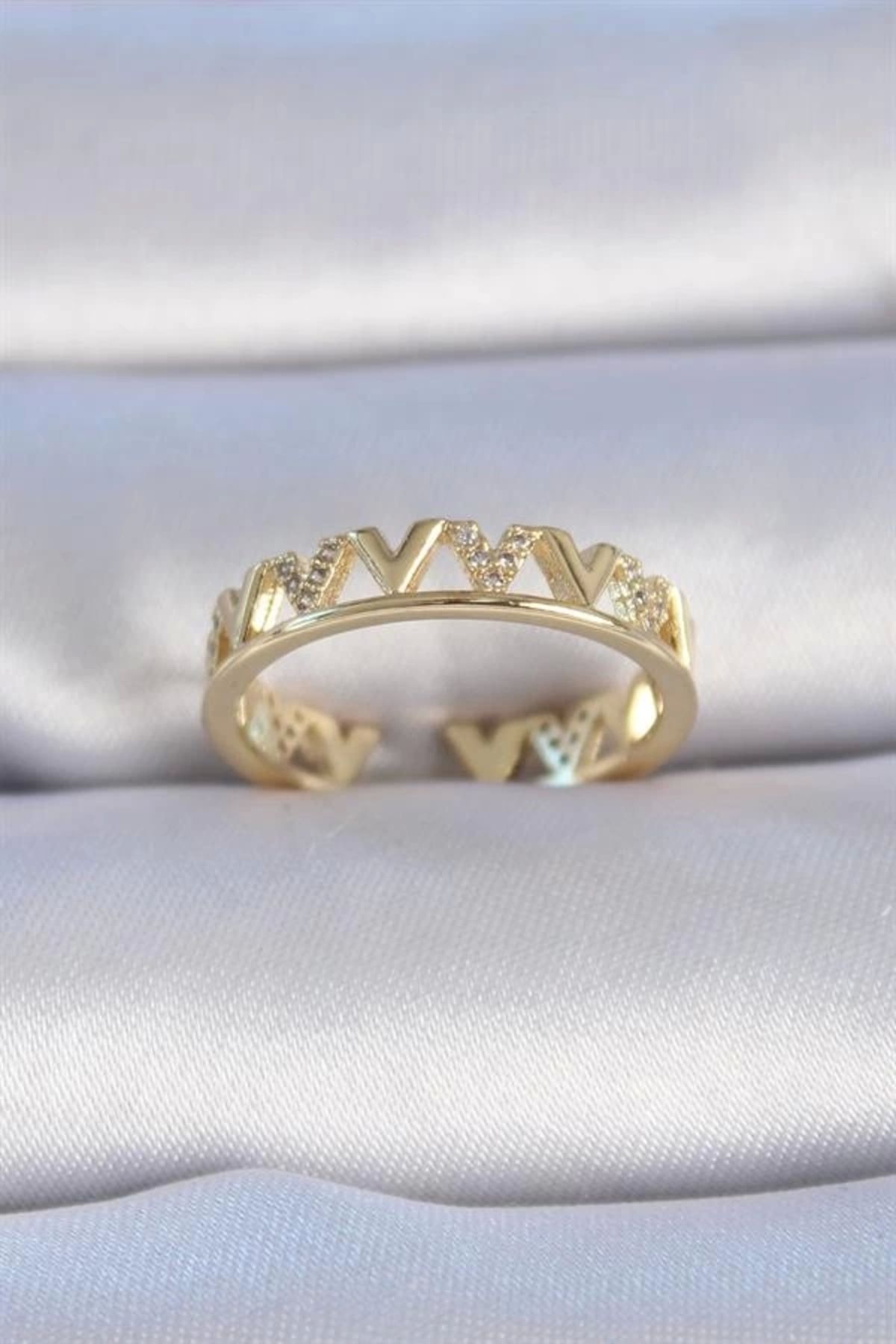 Lale Moda Pirinç Gold Renk Zirkon Taşlı "V" Model Kadın Yüzük