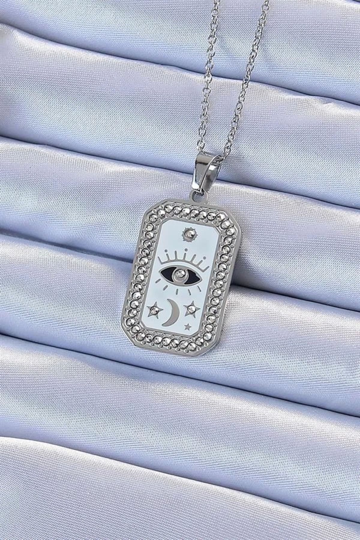 Lale Moda 316L Çelik Zincir Gümüş Renk Mineli Zirkon Taşlı Göz Figür Tarot Kolye
