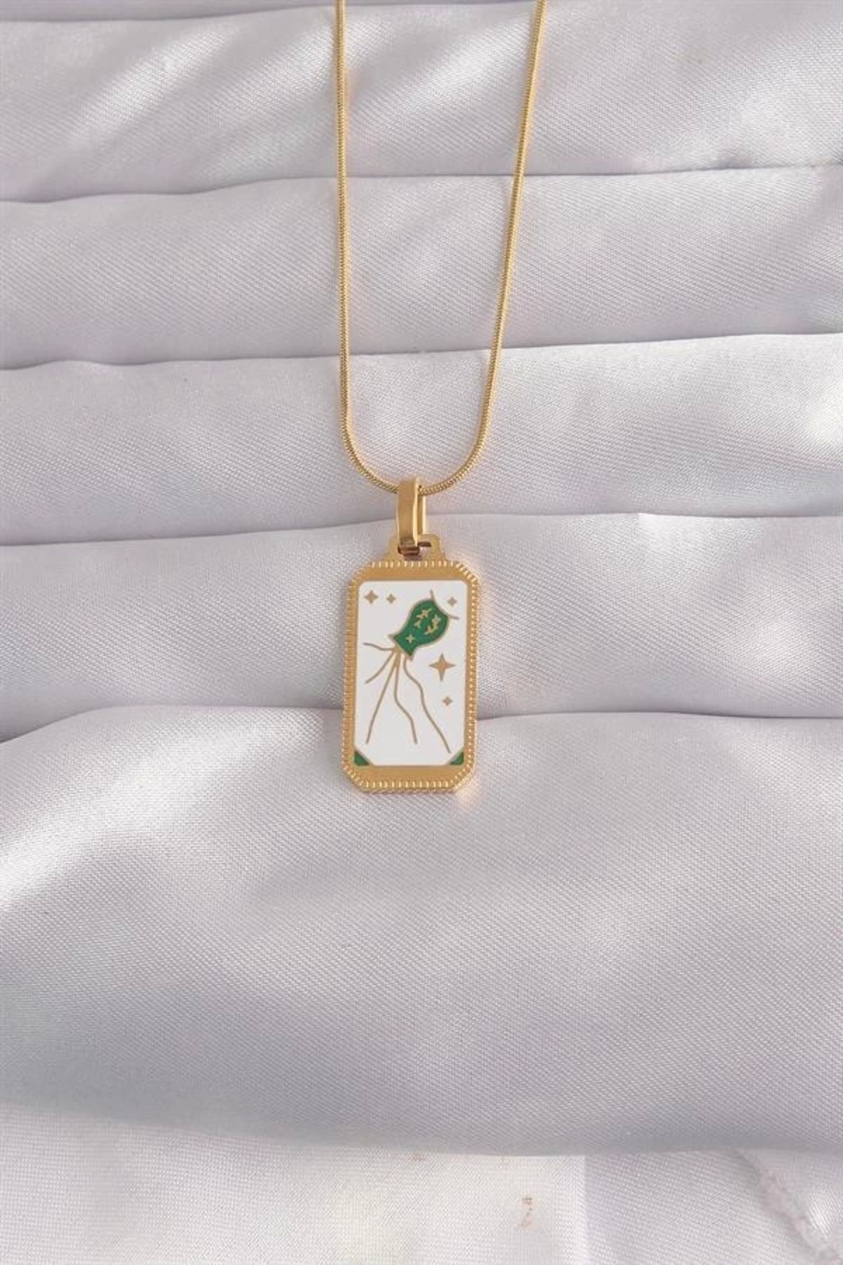 Lale Moda 316L Çelik Gold Renk Beyaz Mineli Tarot Kolye
