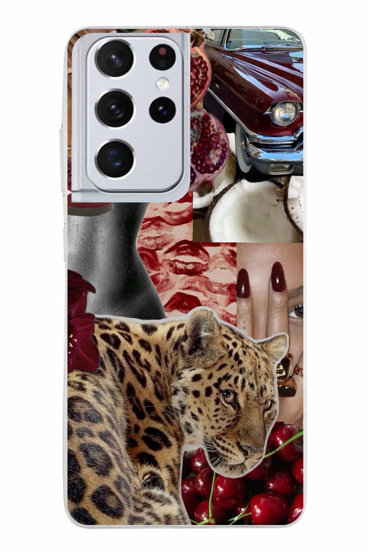TechTree Samsung Galaxy S21 ULTRA Uyumlu Leopar Kırmızı Vibes Şeffaf Silikon Kılıf