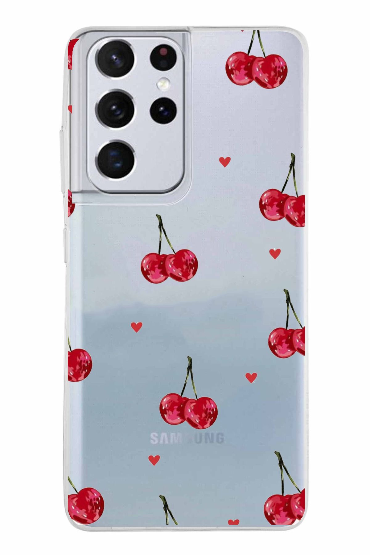 TechTree Samsung Galaxy S21 ULTRA Uyumlu Kirazlar ve Kalpler Tasarımlı Şeffaf Silikon Kılıf