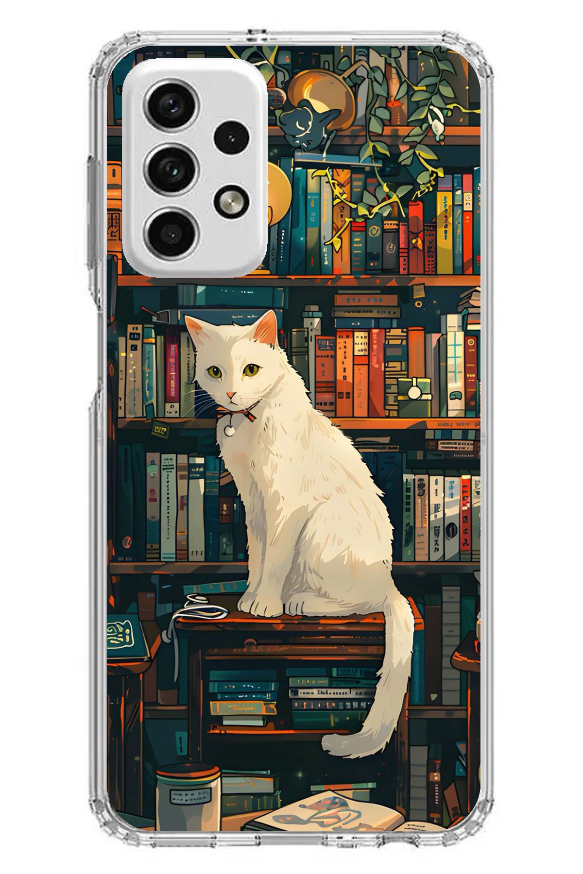 TechTree Samsung Galaxy A73 Uyumlu Kitaplık Beyaz Kedi Tasarımlı Şeffaf Silikon Kılıf