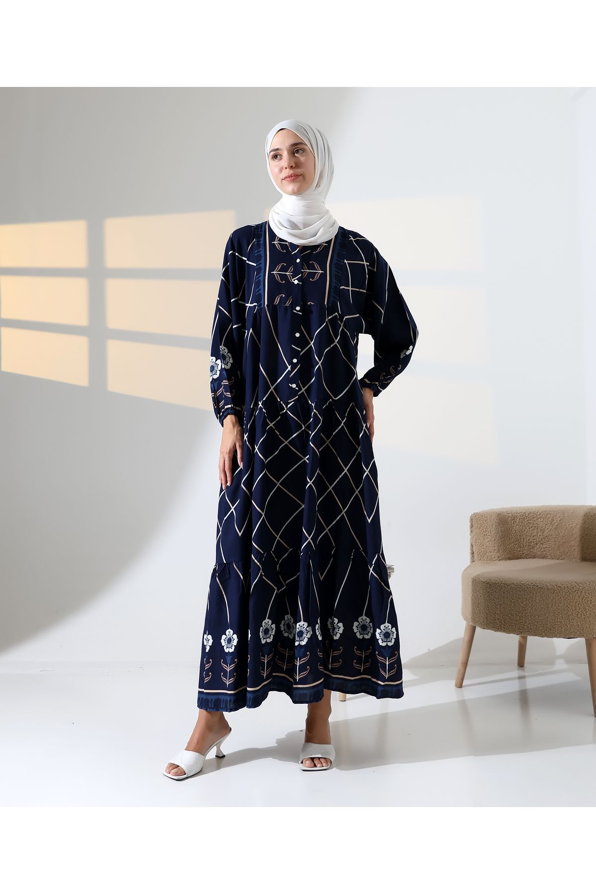 Mihran Butik Kadın 100% Pamuk Viskon Desenli Lacivert Tesettür Elbise