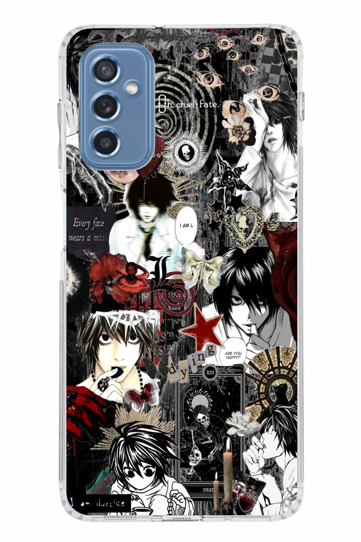 TechTree Samsung Galaxy M52 Uyumlu Death Note Kolaj Tasarımlı Şeffaf Silikon Kılıf
