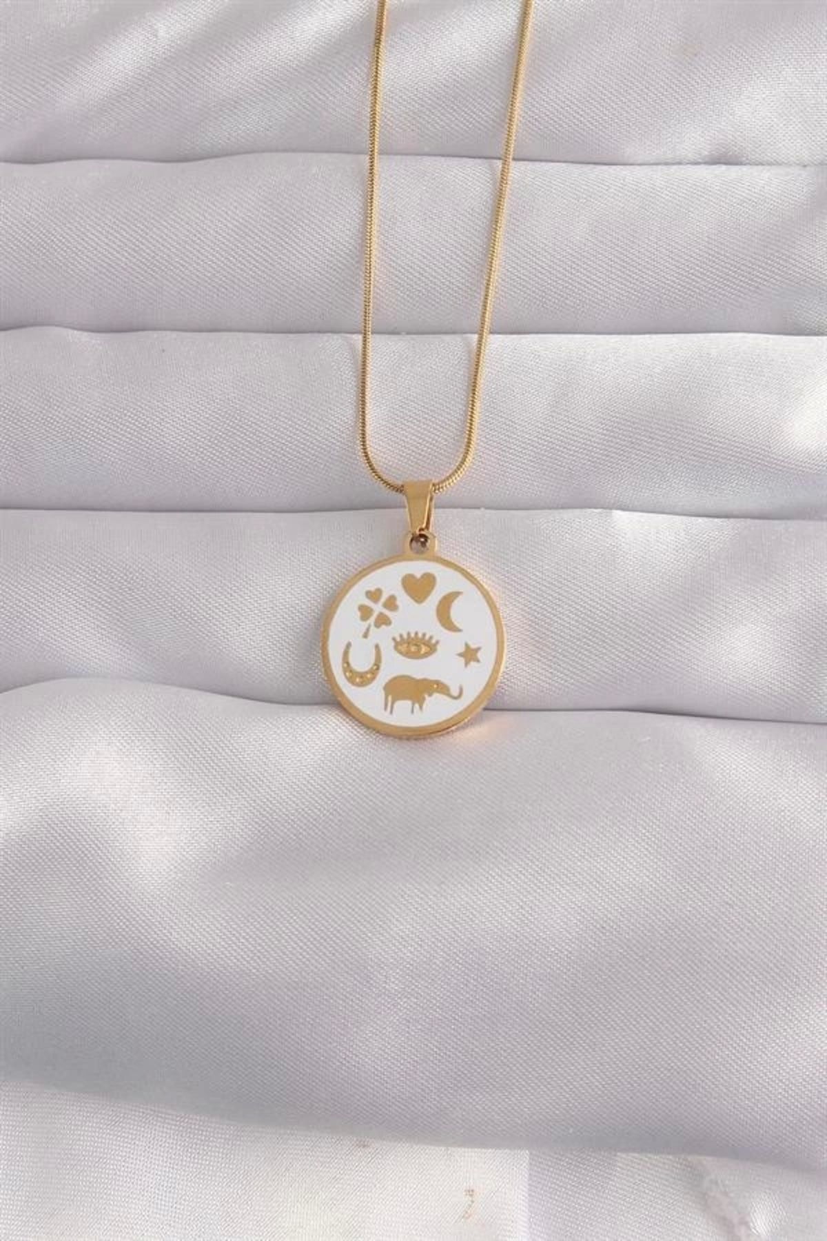 Lale Moda 316L Çelik Gold Renk Beyaz Mineli Karışık Figürlü Tarot Kolye