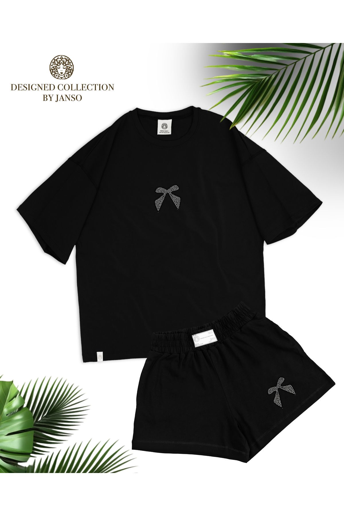 LOU MODA -KADIN FİYONK TAŞ BASKILI TSHIRT-ŞORT TAKIM 2Lİ OVERSİZE
