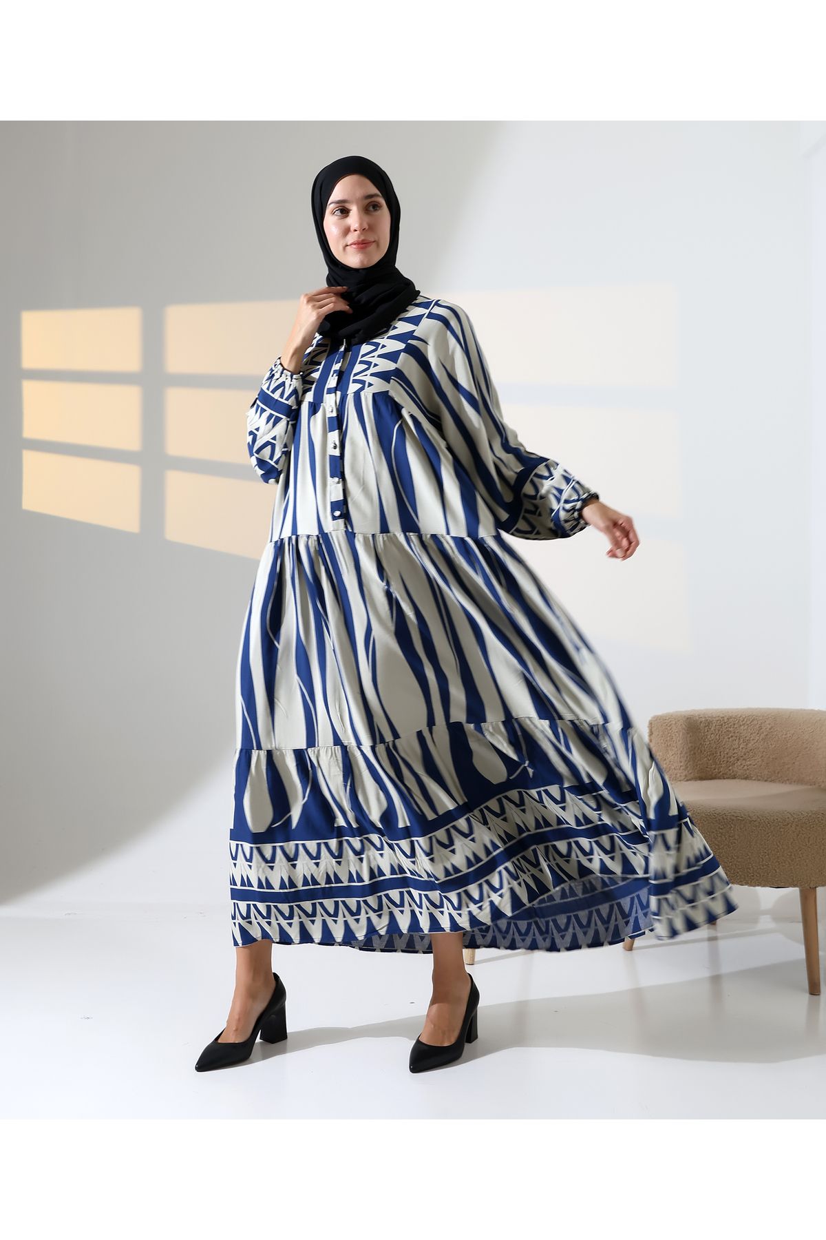 Mihran Butik Kadın 100% Pamuk Viskon Desenli Mavi Tesettür Elbise