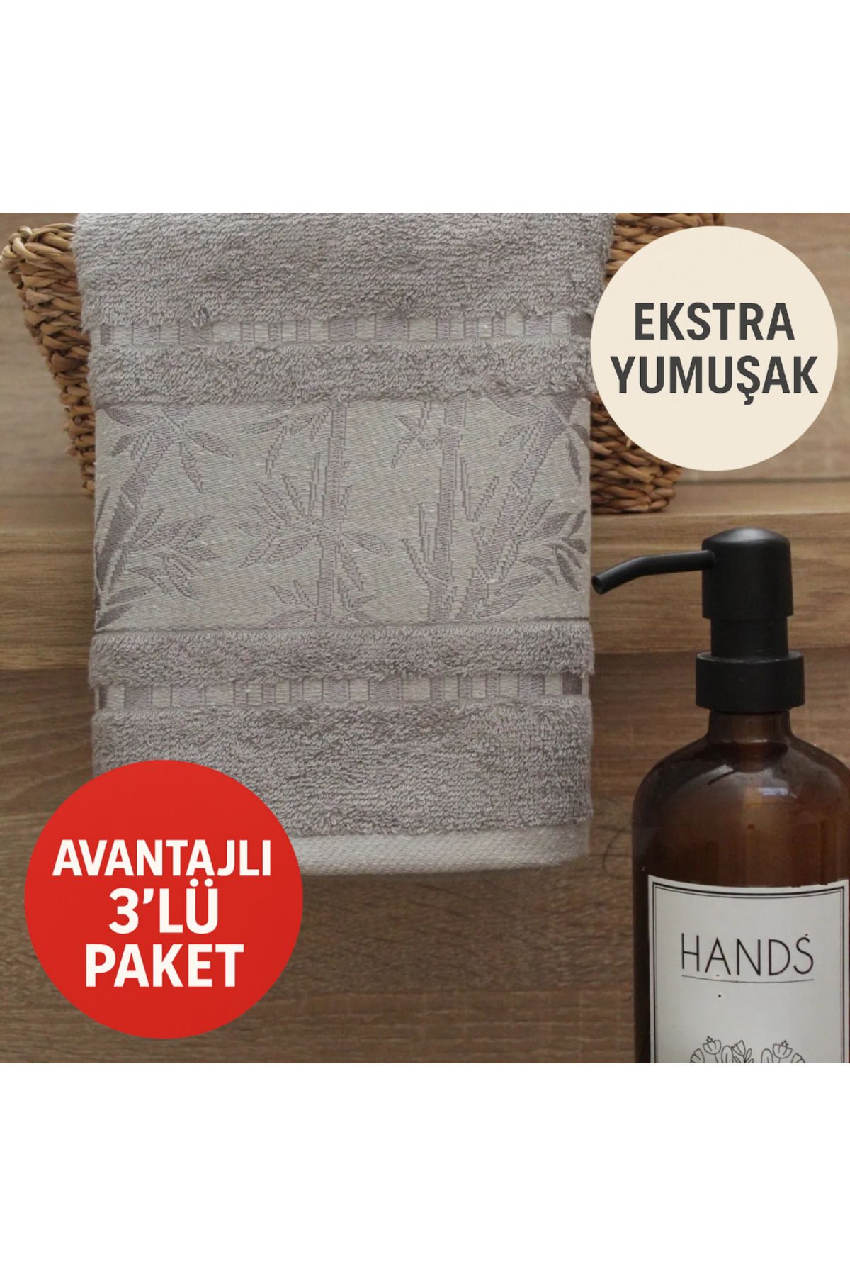 Lobya Auni Lüx Bambu 3'lü Gri El Havlusu (50 x 90)