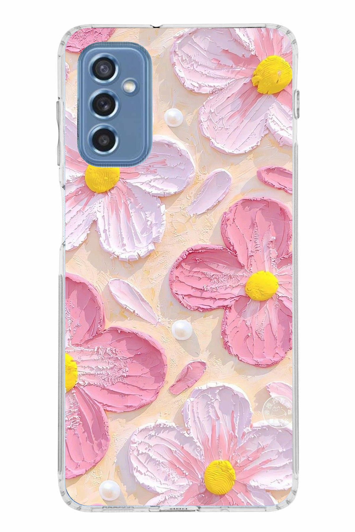 TechTree Samsung Galaxy M52 Uyumlu Pembe Beyaz Çiçekler Sulu Boya Şeffaf Silikon Kılıf