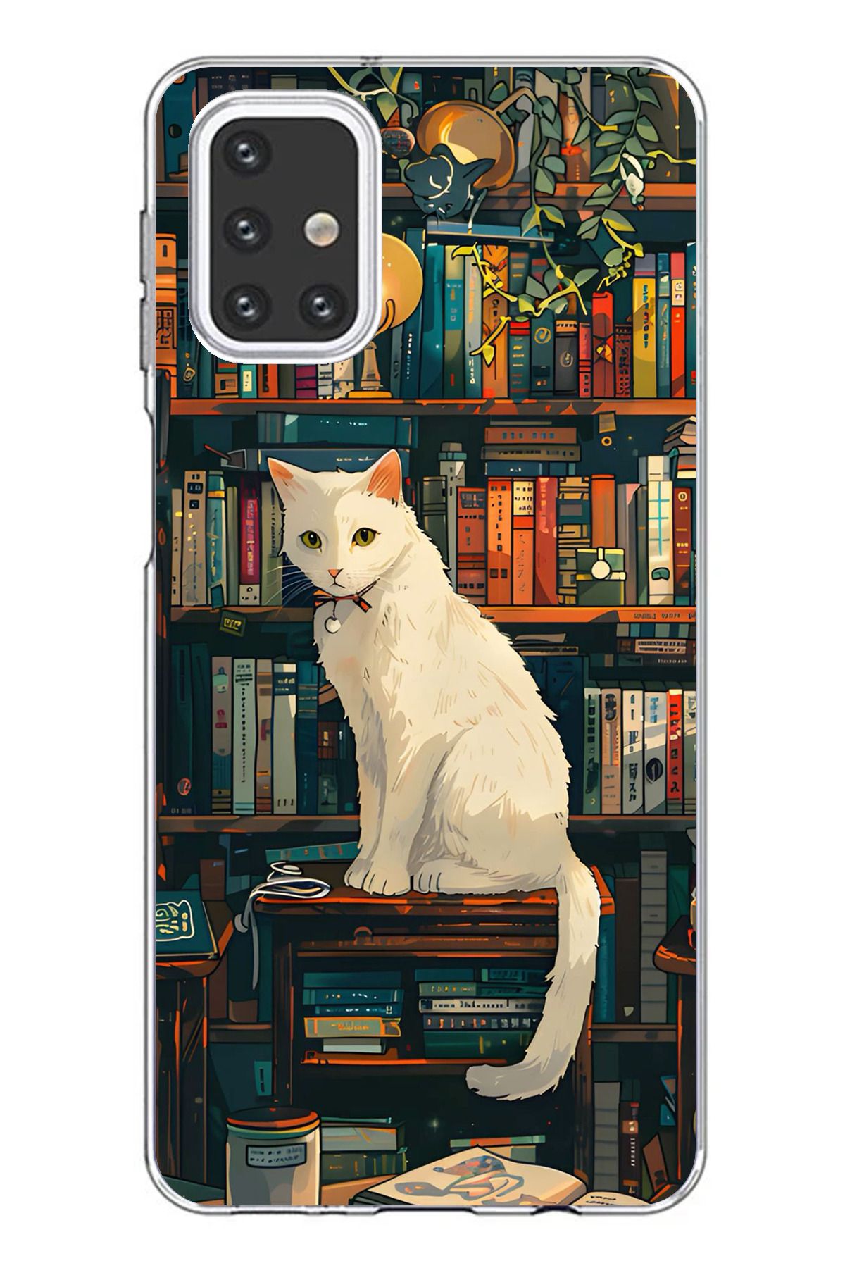 TechTree Samsung Galaxy M31S Uyumlu Kitaplık Beyaz Kedi Tasarımlı Şeffaf Silikon Kılıf