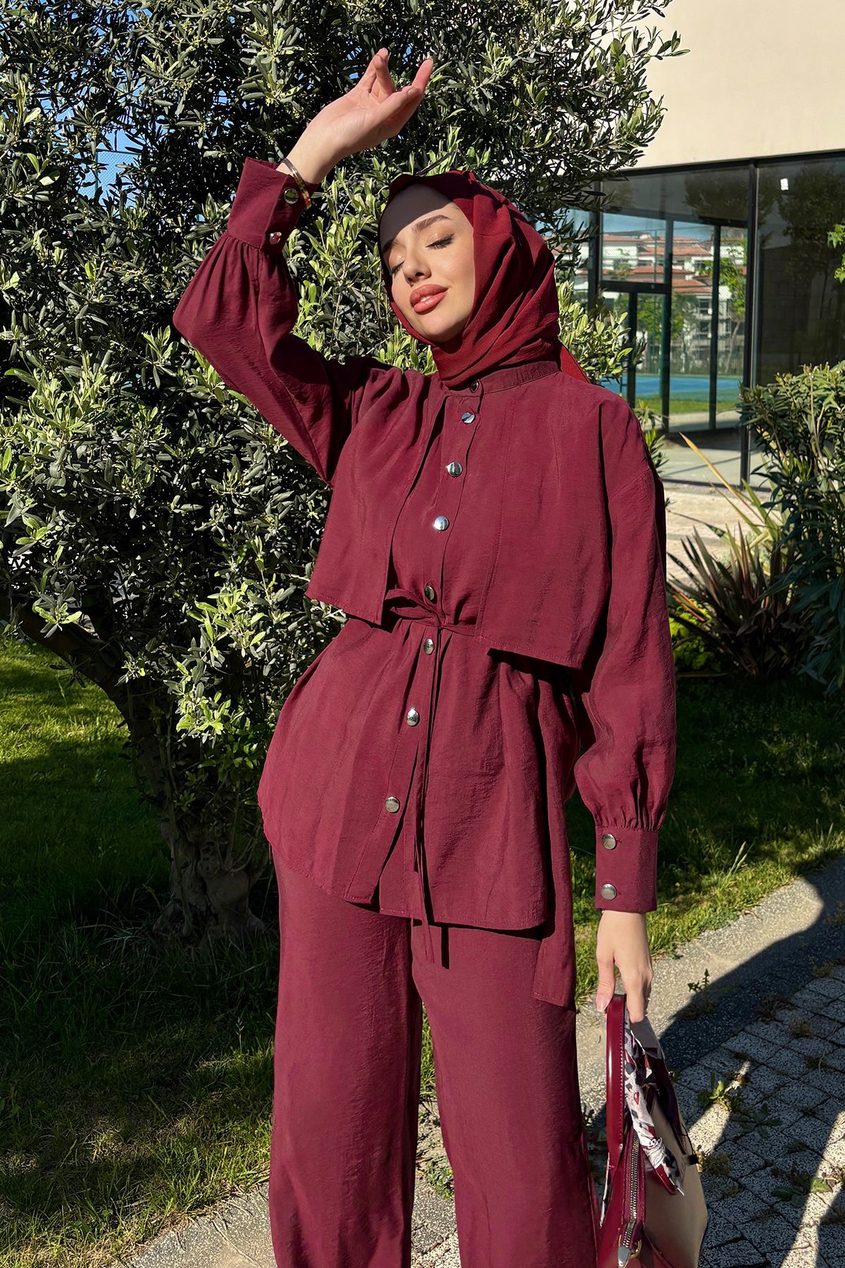 Tesettür Diyarı Kadın Yazlık Kumaş Gömlekli Pantolonlu Rahat Kesim Takım -Bordo