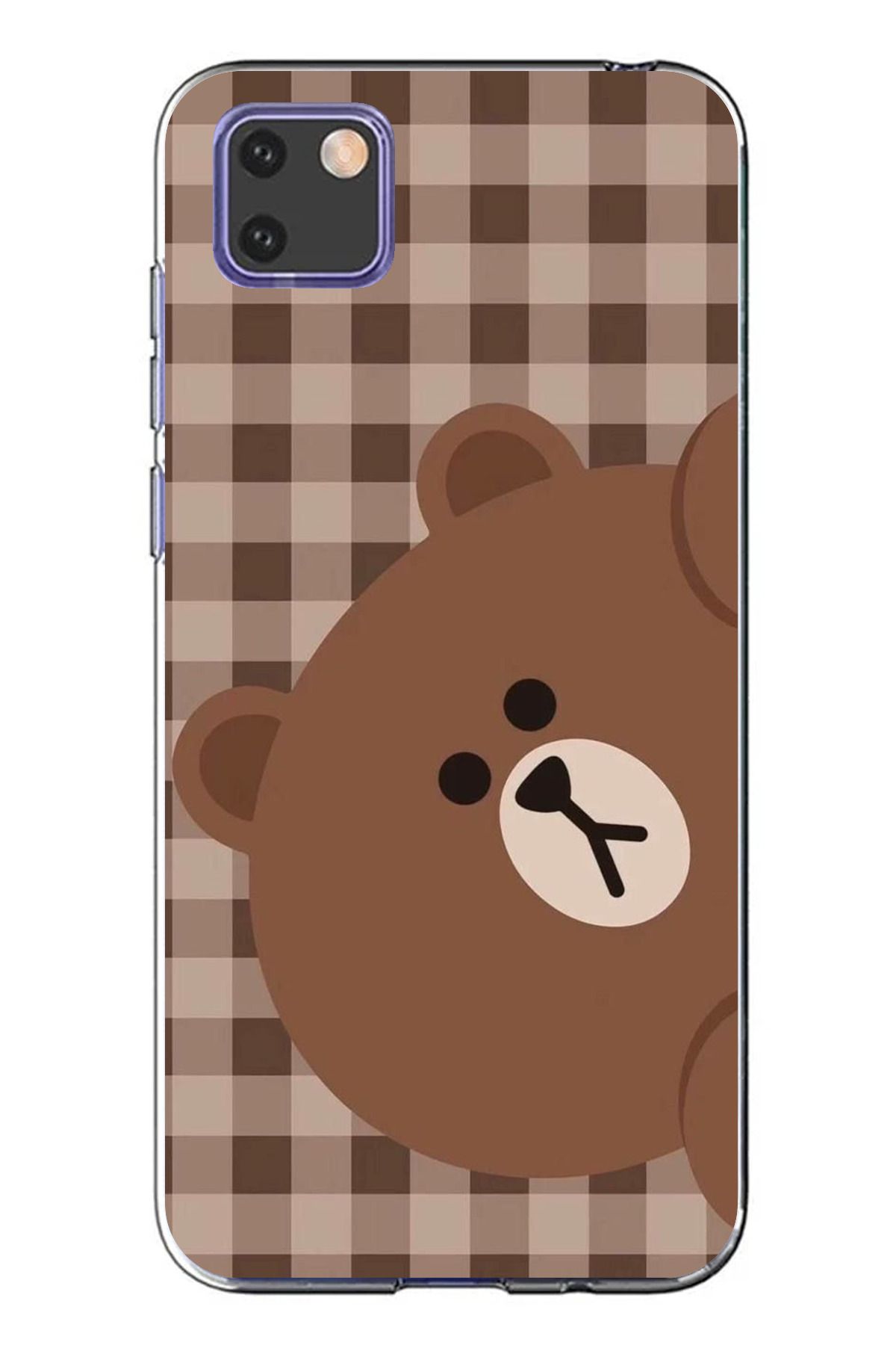 TechTree Huawei Y5P Uyumlu Kahverengi Ayı Yan Tasarımlı Şeffaf Silikon Kılıf