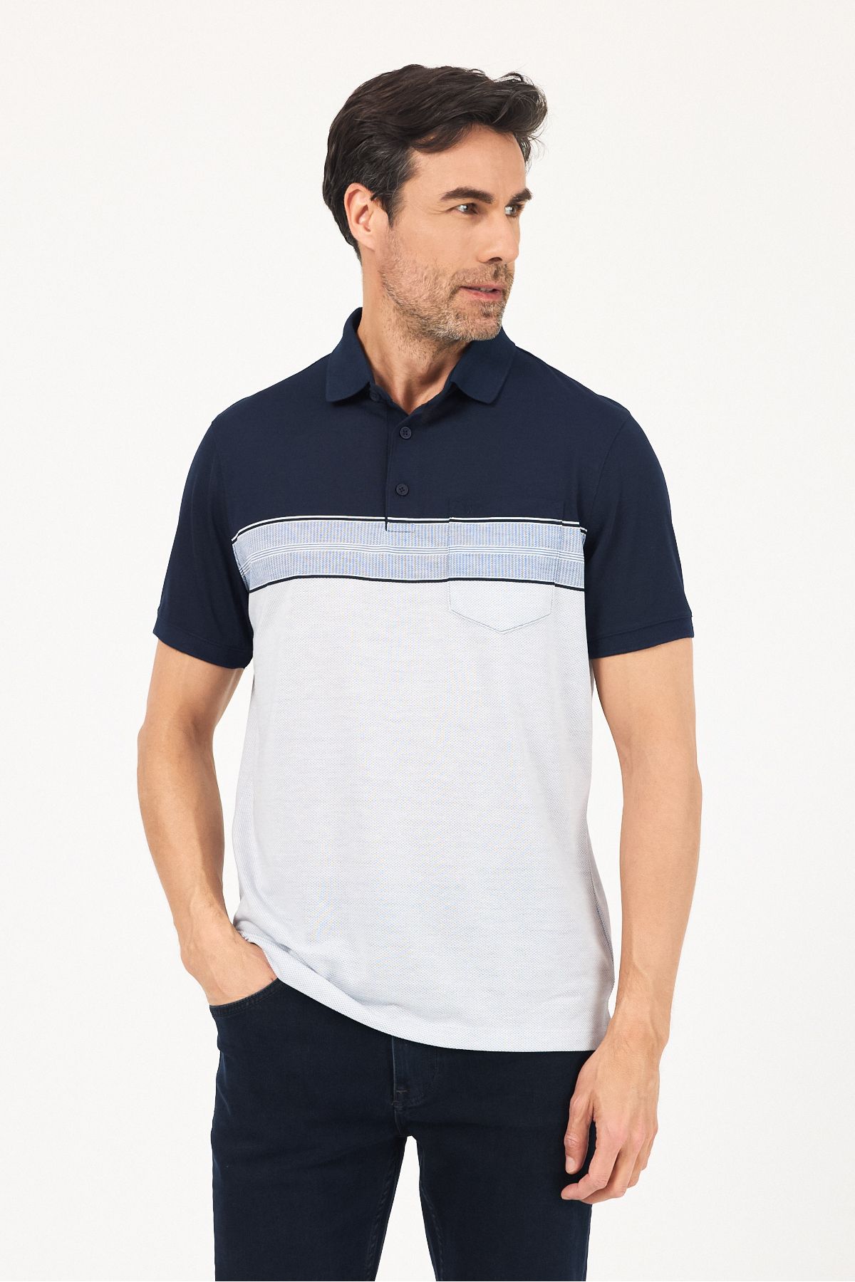 ENQUE Çift Renkli Çizgi Modelli Cepli Polo Yaka Pamuk T Shirt