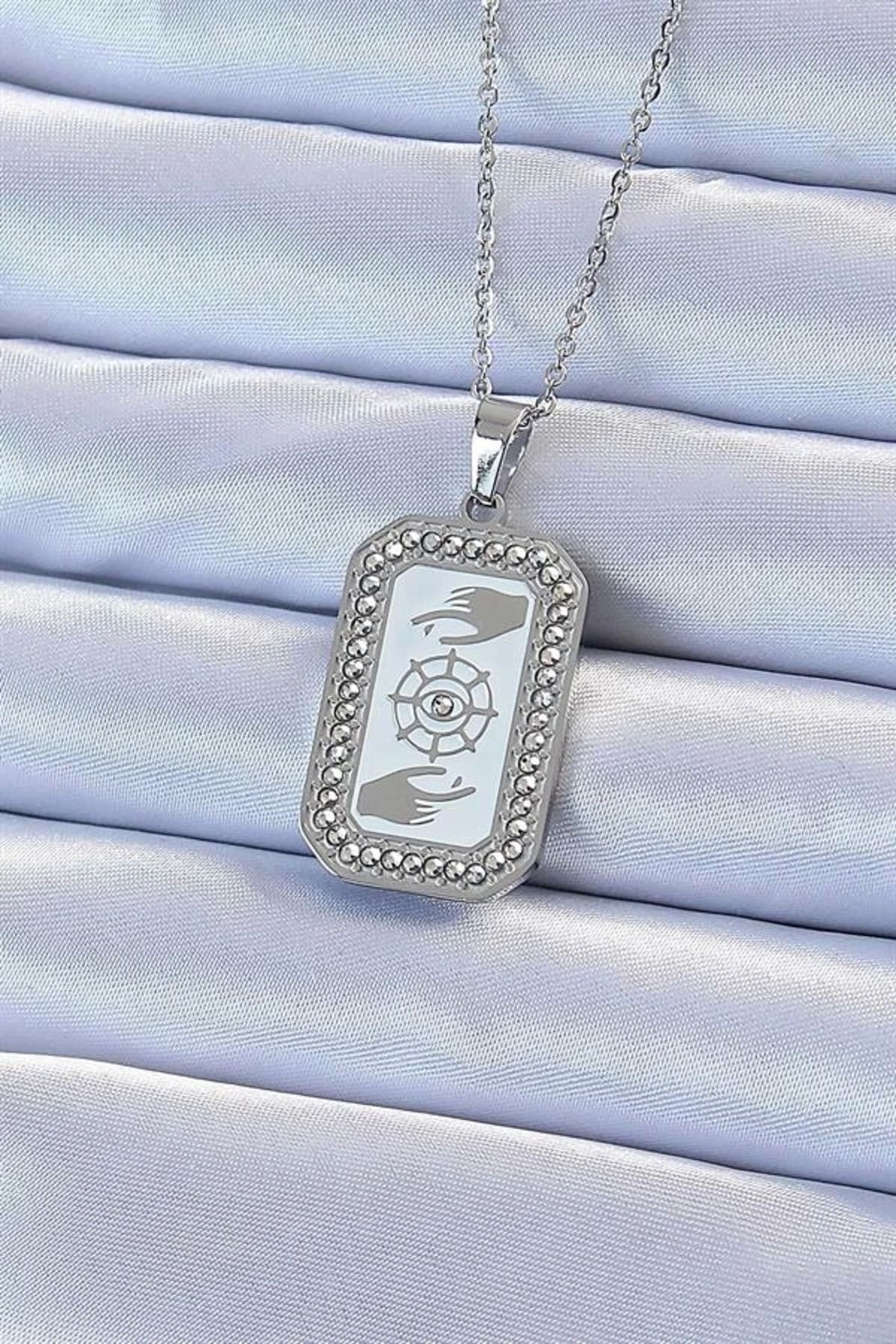 Lale Moda 316L Çelik Zincir Gümüş Renk Mineli Zirkon Taşlı Göz Figür Tarot Kolye