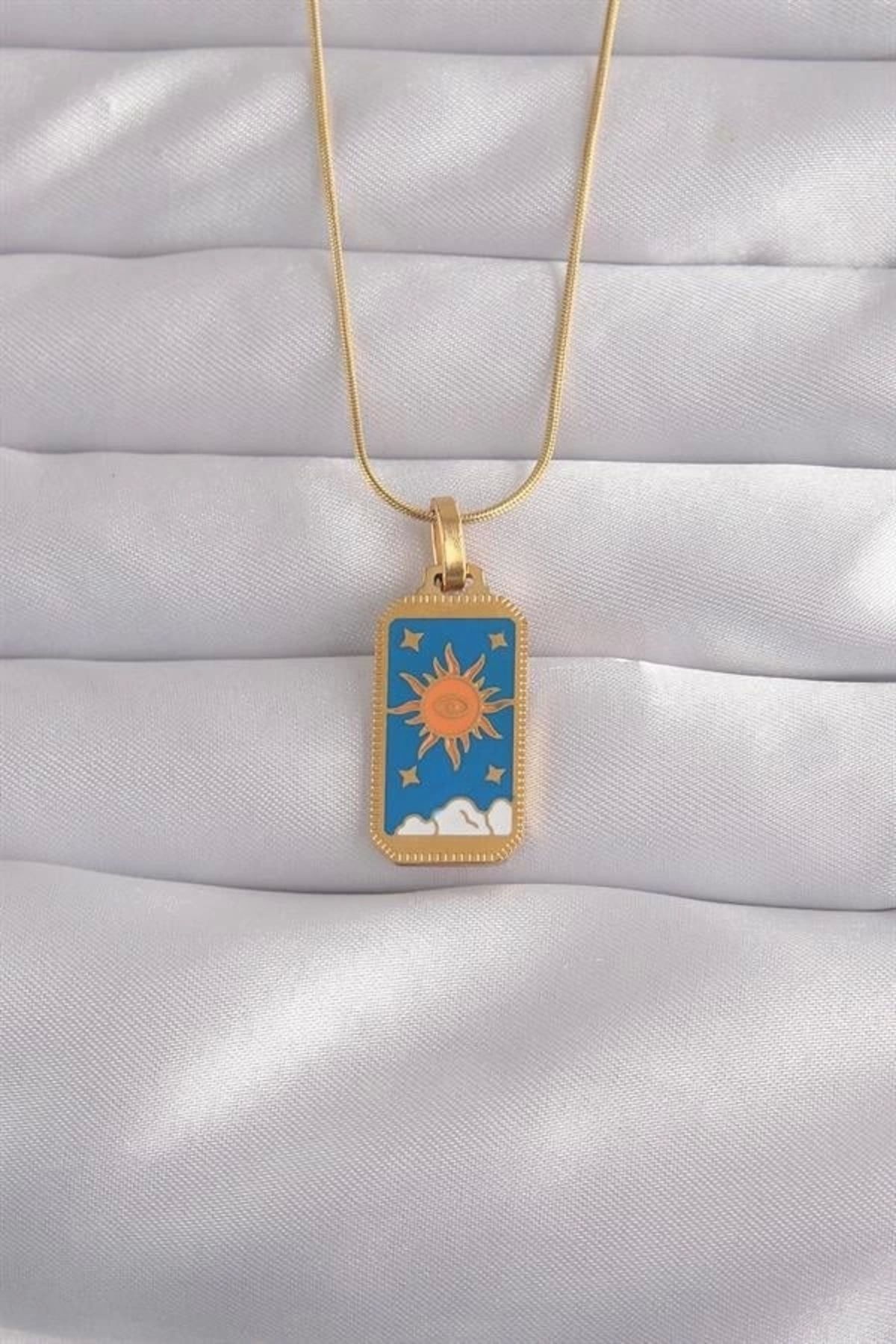 Lale Moda 316L Çelik Gold Renk Mavi Mineli Güneş Model Tarot Kolye
