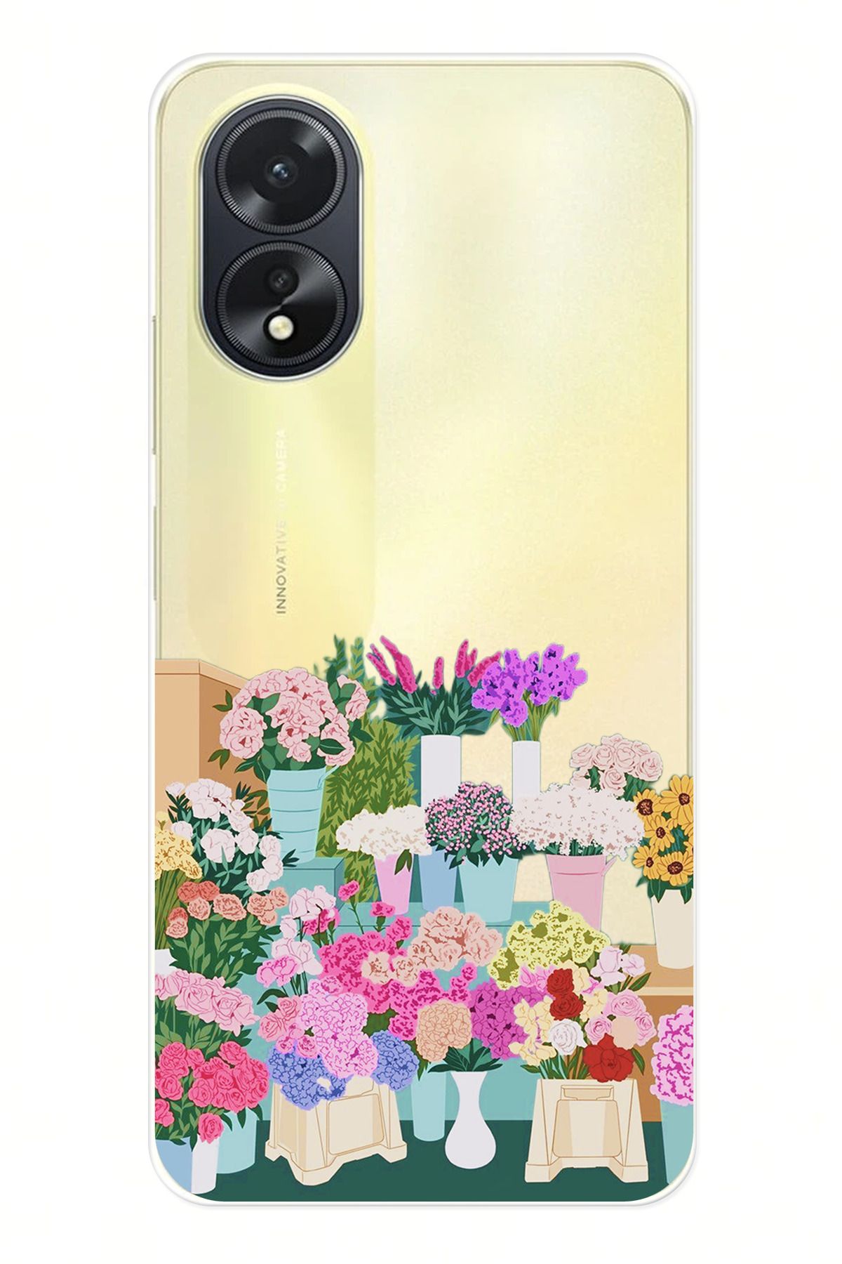 TechTree OPPO A38 Uyumlu Vazoda Çiçekler Tasarımlı Şeffaf Silikon Kılıf