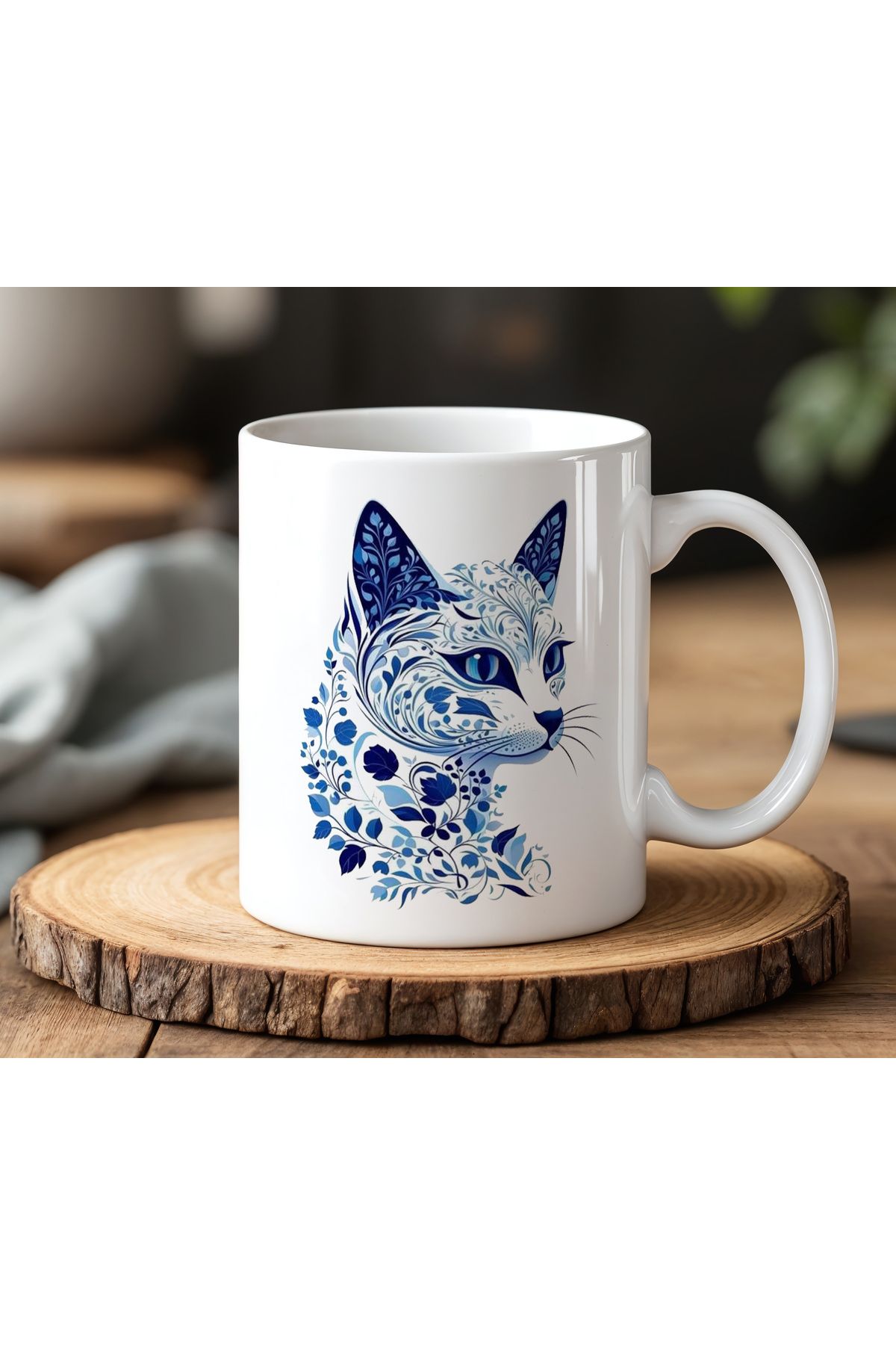 BB TRADE Mavi Renkli Kedi Tasarımlı Beyaz Seramik Baskılı Kupa Bardak 330ml