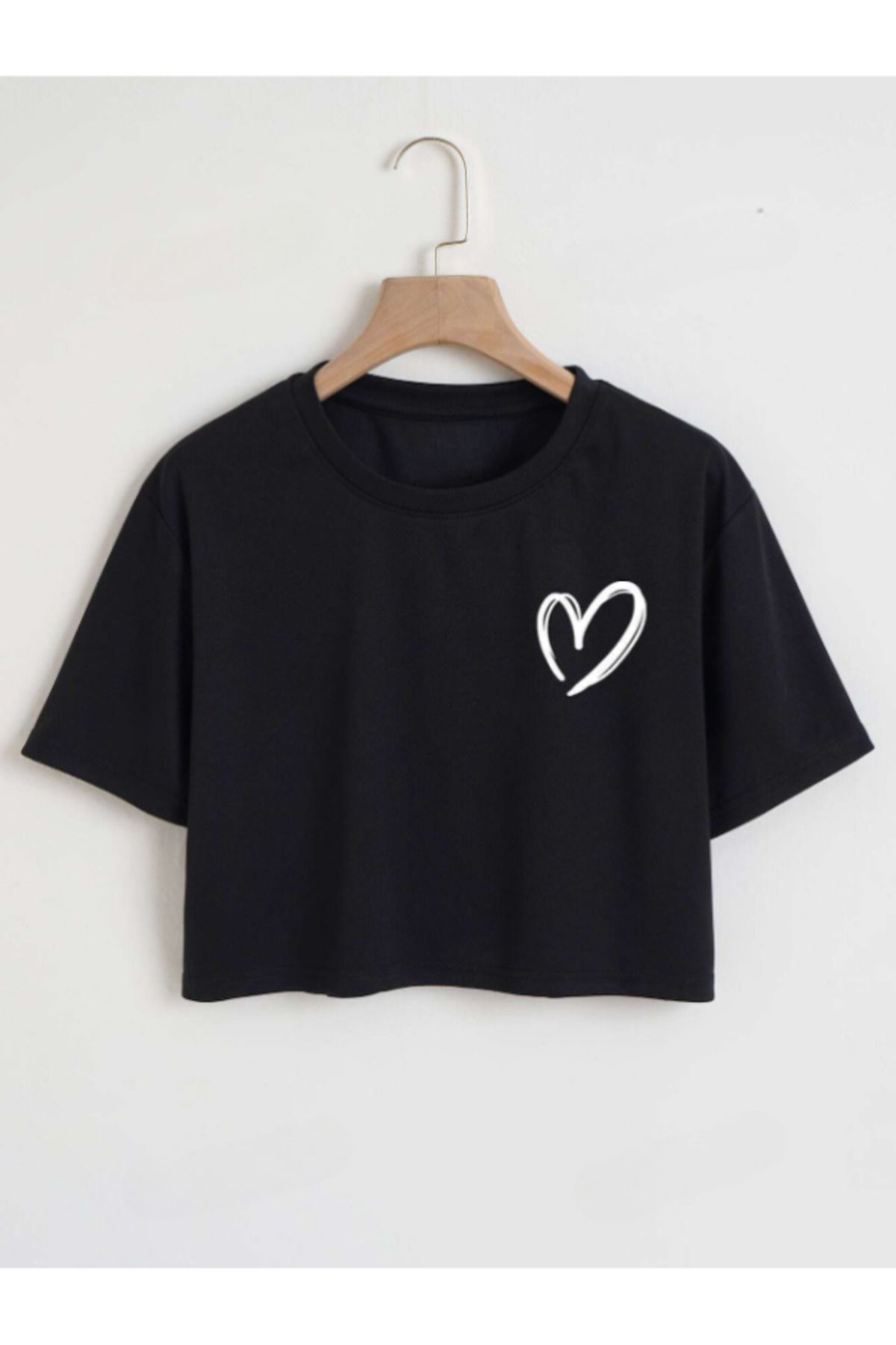 MOONBULL Kadın Kısa Kollu Oversize Kalp Baskılı Crop T-shirt
