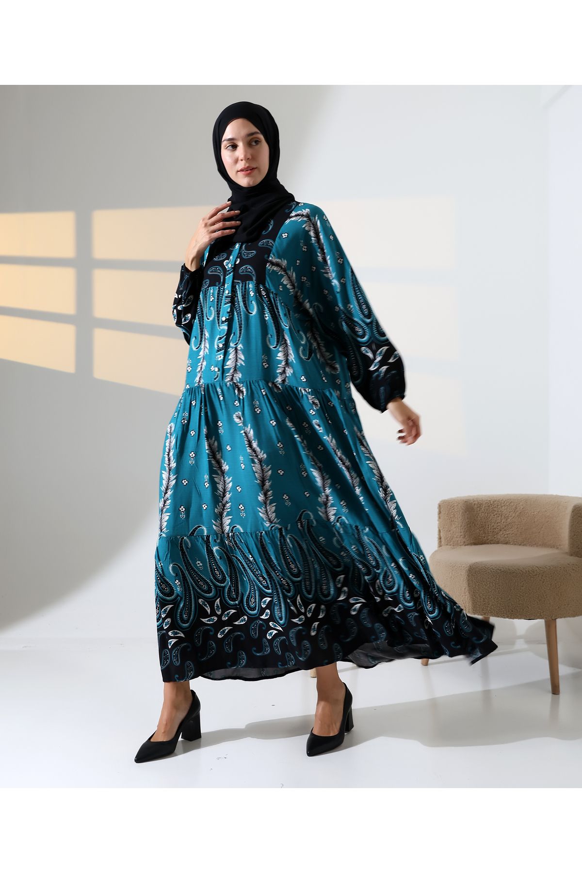 Mihran Butik Kadın 100% Pamuk Viskon Desenli Turkuaz Tesettür Elbise