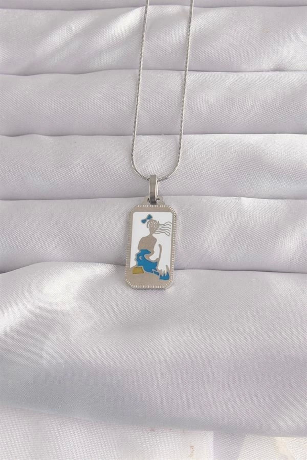 Lale Moda 316L Çelik Gümüş Renk Beyaz Mineli Kız Figür Tarot Kolye