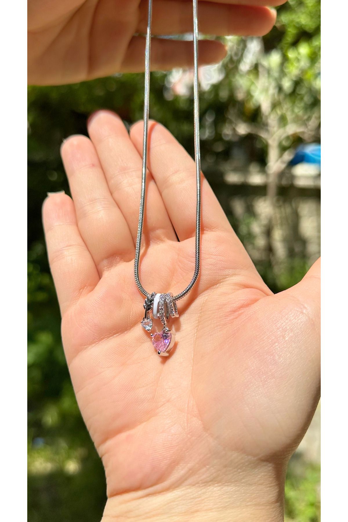 AYZENA Kalp Model Pembe Zirkon Taşlı Çelik Materyal Kolye