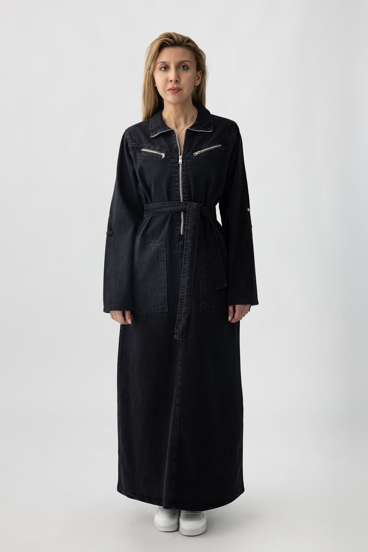 Suede Style 5363 - Kemerli, Cepli, Fermuar Detaylı Denim Rahat, Şık, Günlük Kadın Boydan Elbise