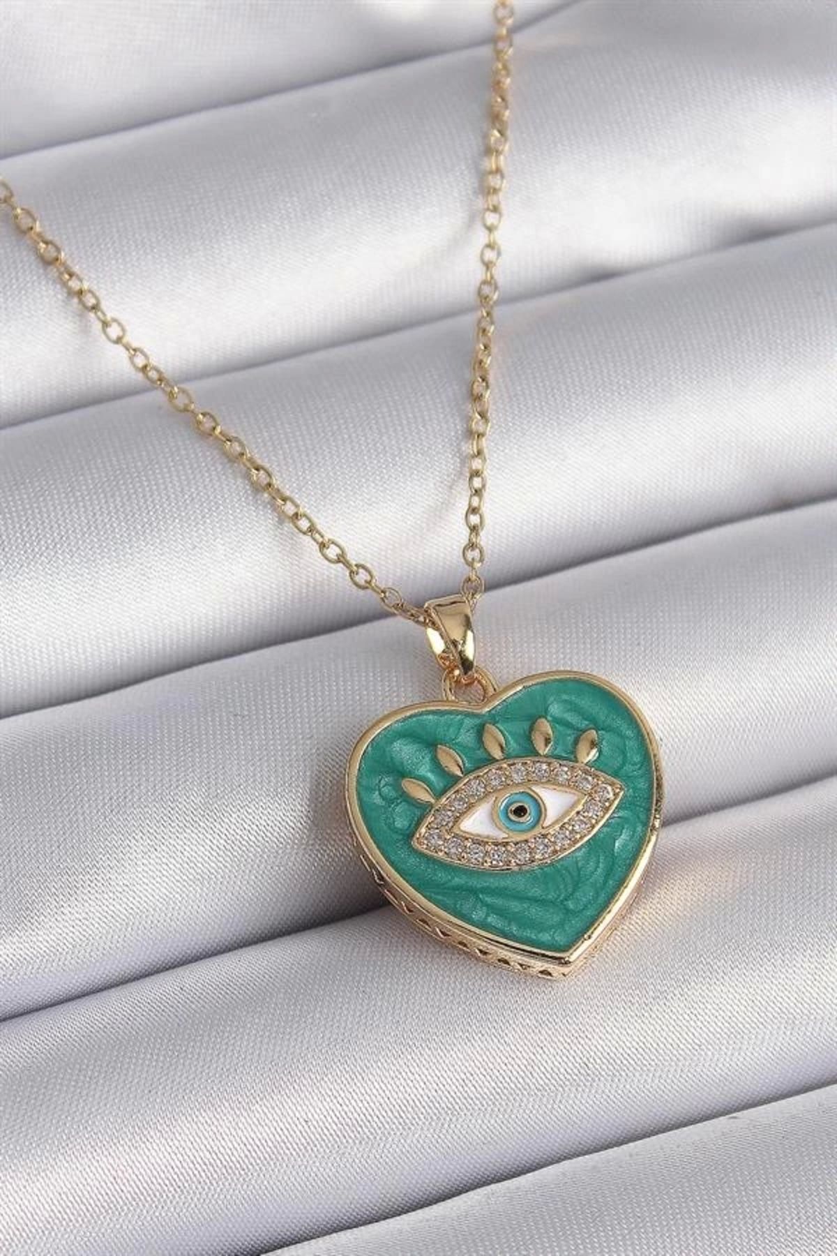 Lale Moda 316L Çelik Gold Renk Zincir Göz İşlemeli Yeşil Kalp Model Zirkon Taşlı Kadın Kolye
