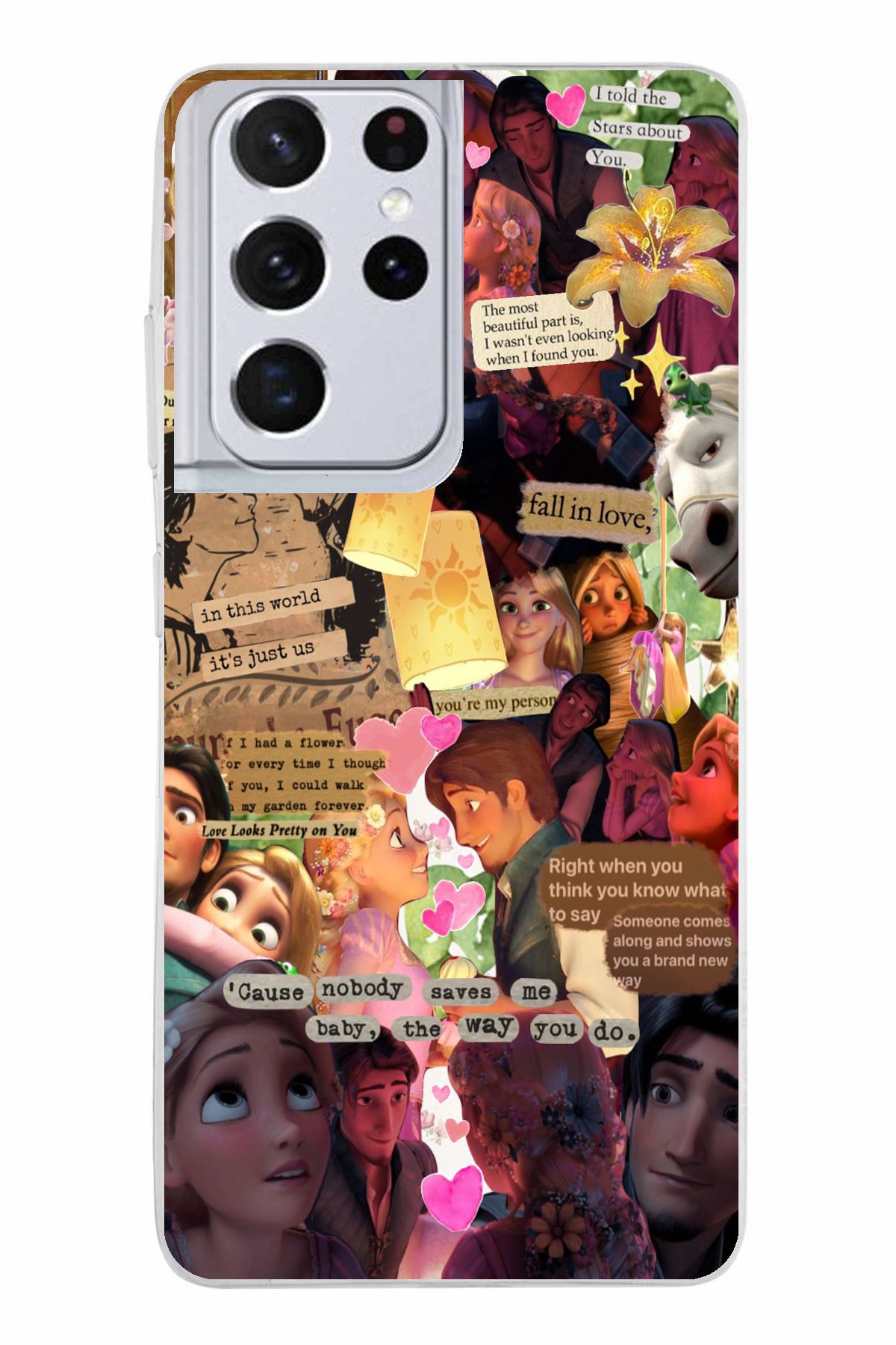 TechTree Samsung Galaxy S21 ULTRA Uyumlu Rapunzel Tangled Çıkartma Kolaj Tasarımlı Şeffaf Silikon Kılıf
