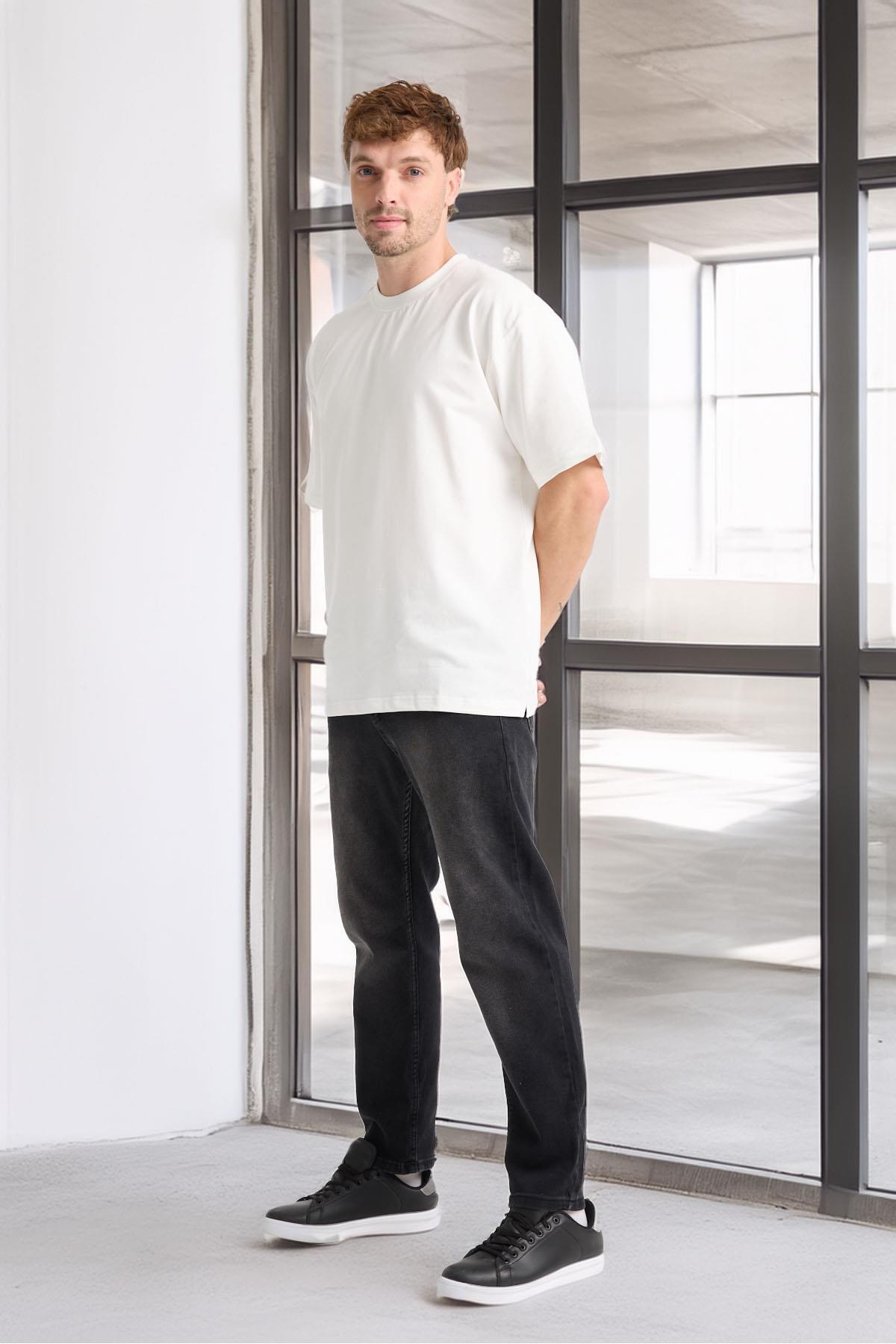 Valiberta-Two Thread Fabric Cotton Crew Neck Basic Oversize Men's T-Shirt - Ecru 6