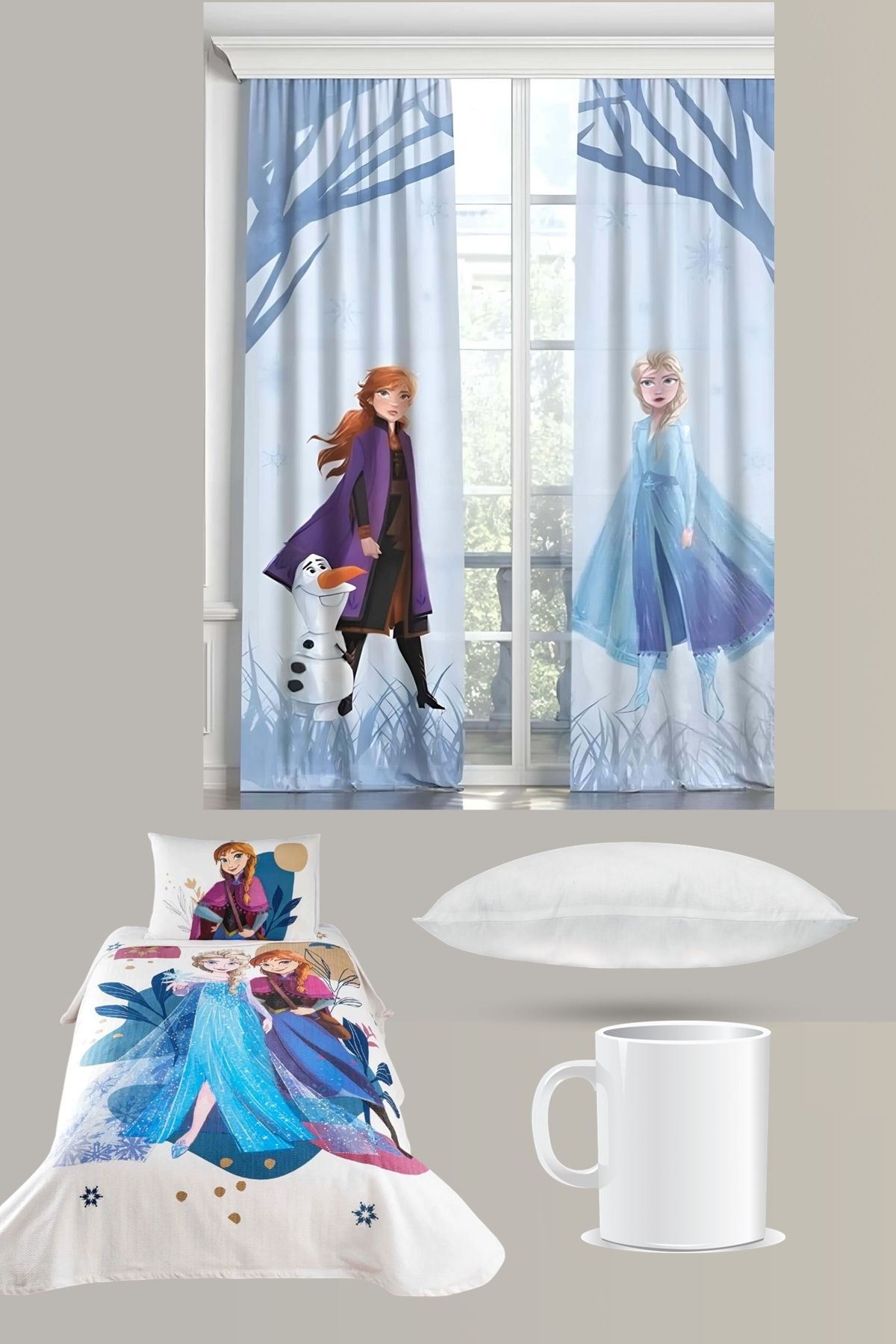 Taç Frozen Pike Takımı + 2'li Frozen Fon Perde + Yastık + Kupa Bardak Hediye Toplam 7 Parça