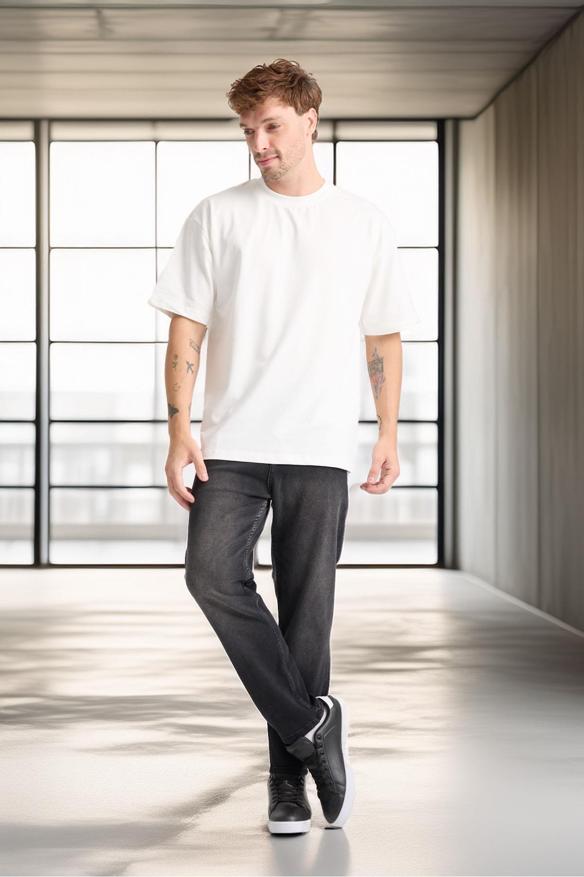 Valiberta-Two Thread Fabric Cotton Crew Neck Basic Oversize Men's T-Shirt - Ecru 5