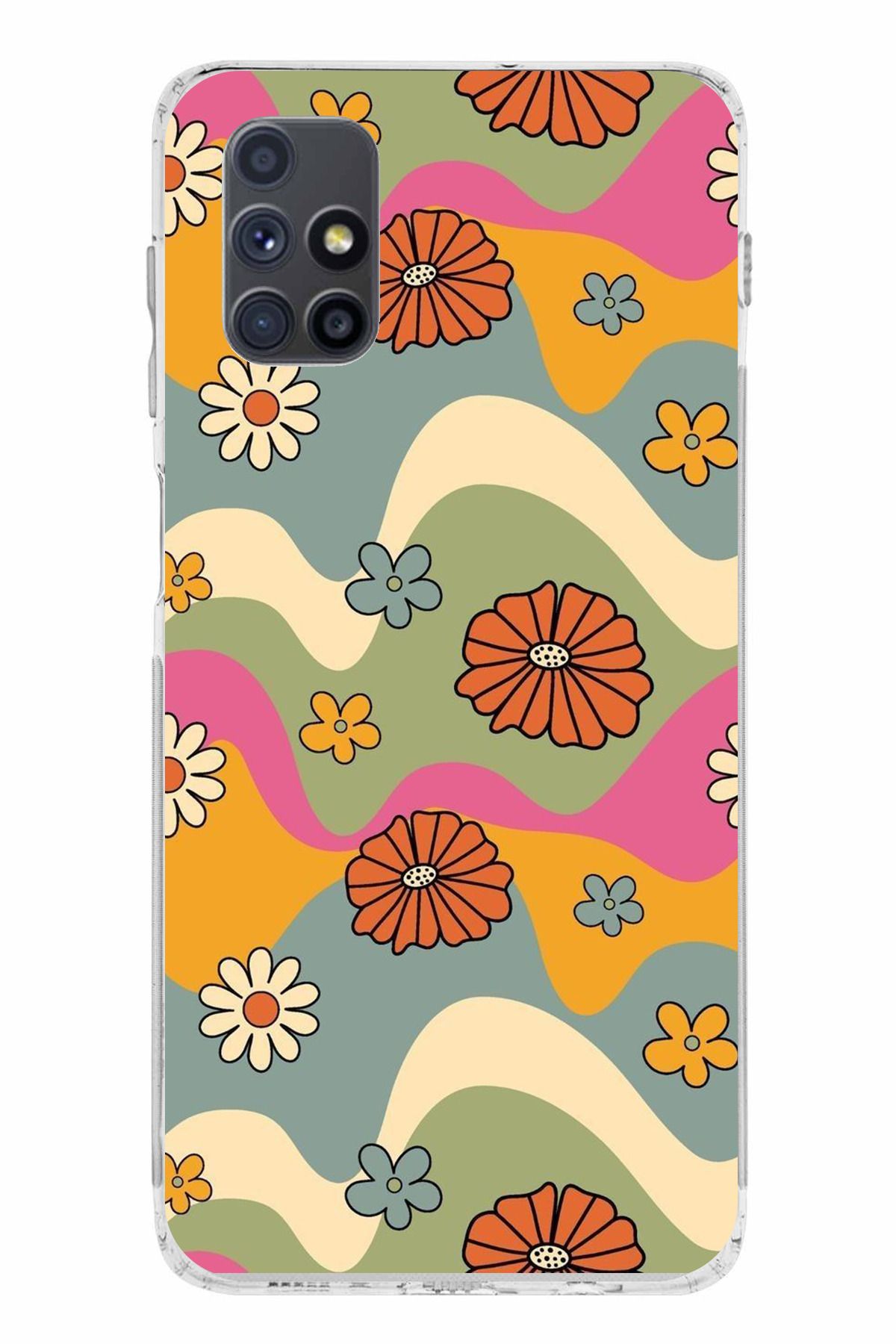 TechTree Samsung Galaxy M51 Uyumlu Renkli Retro Çiçekler Tasarımlı Şeffaf Silikon Kılıf