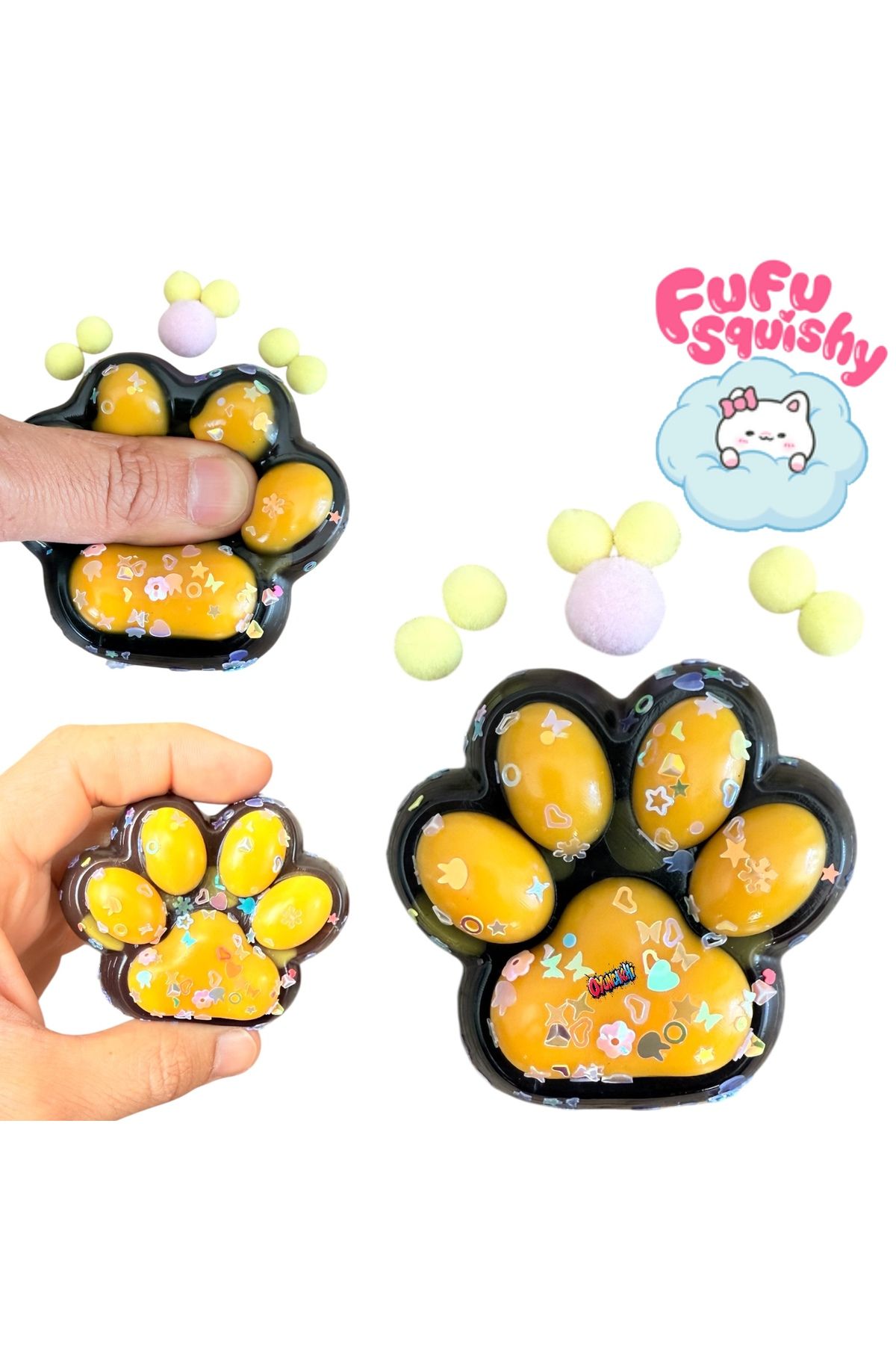 tmtoysandmore Fu Fu Squishy Kedi Patisi Taba Sukuşi Pullu Stres Sıkma Oyuncak Pati 7 Cm (Siyah-Sarı)