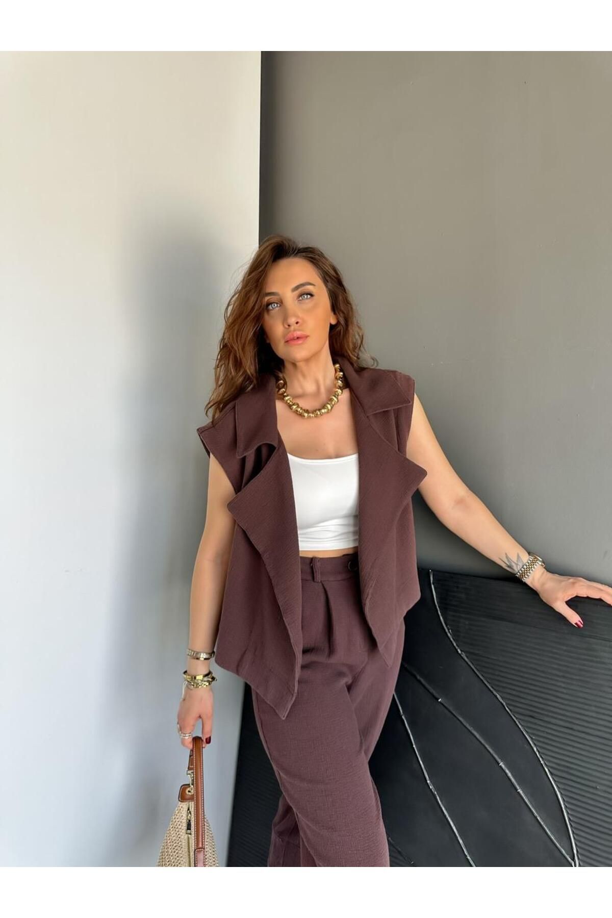 Zerrincan Giyim Kahve Şal Yaka Yelekli Keten Takım