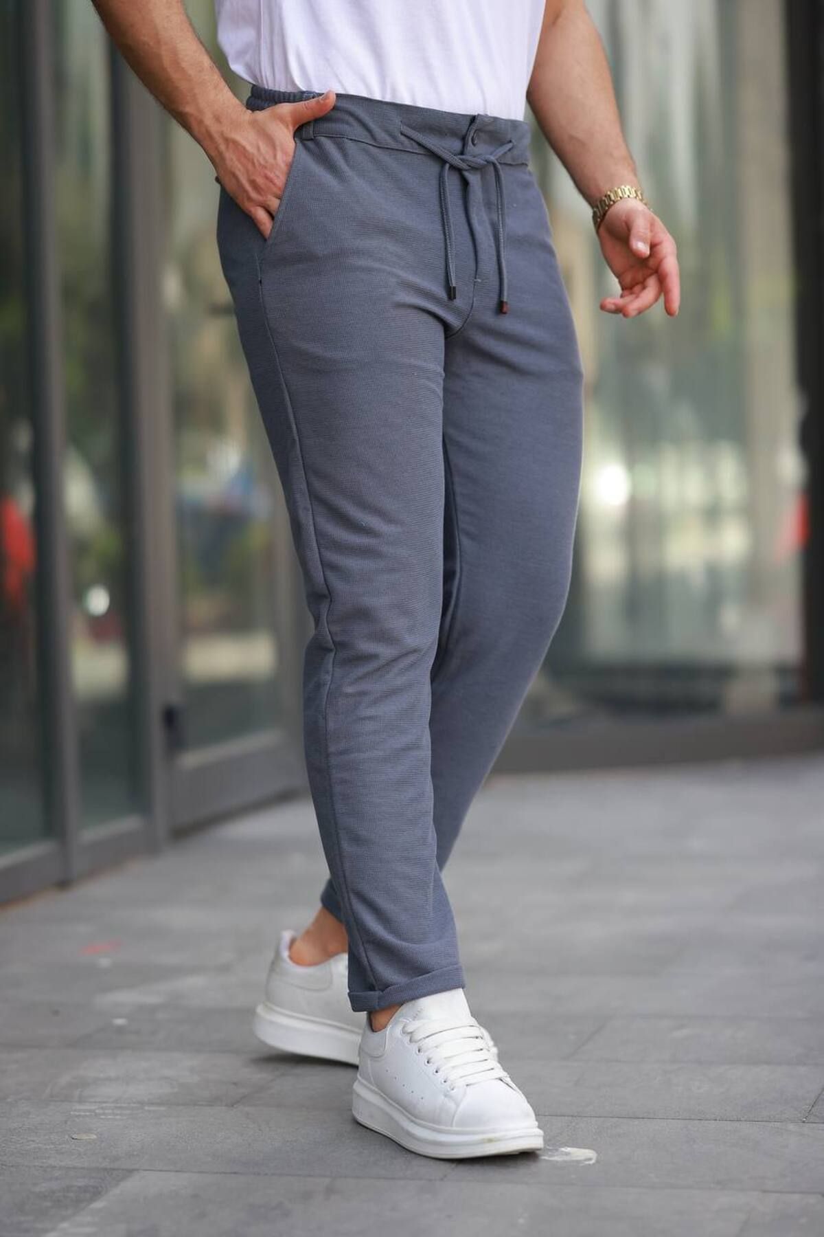YONEZ MODA Erkek Rahat Kalıp Çift Cepli Zincir Dokulu Pantolon