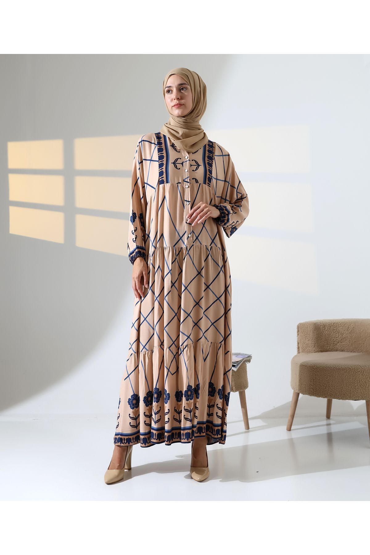 Mihran Butik Kadın 100% Pamuk Viskon Desenli Kahverengi Tesettür Elbise
