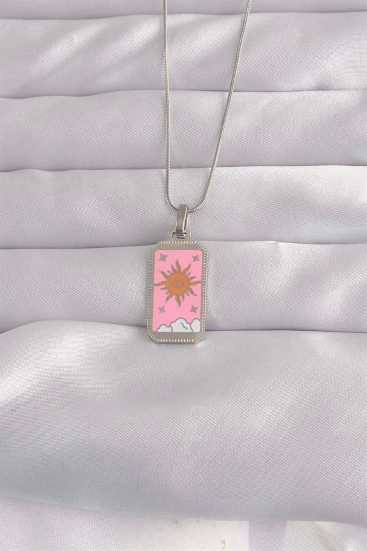 Lale Moda 316L Çelik Gümüş Renk Pembe Mineli Güneş Model Tarot Kolye