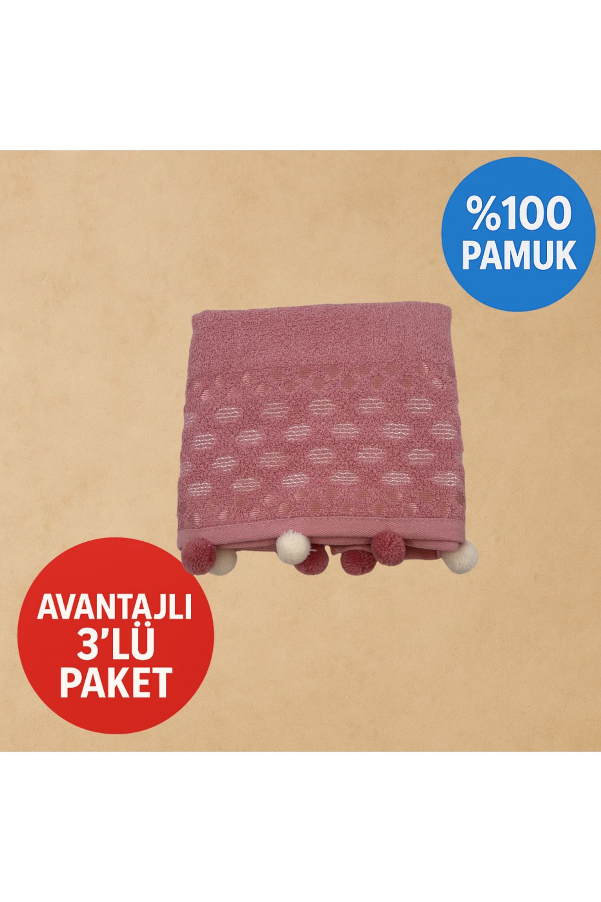 Lobya Tuula 3'lü Ponponlu Gül Pembe El ve Yüz Havlusu (50x85)