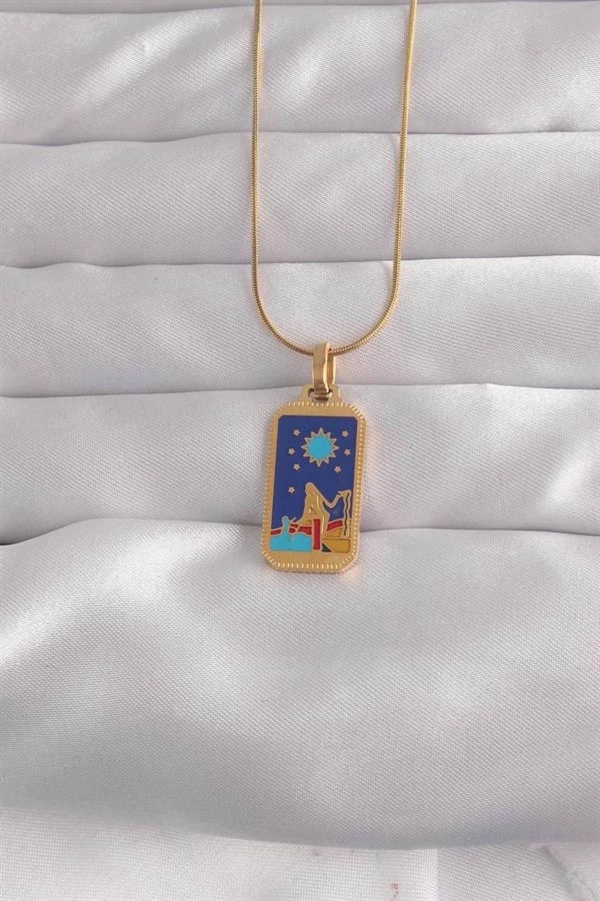 Lale Moda 316L Çelik Gold Renk Mavi Mineli Kız Figür Tarot Kolye