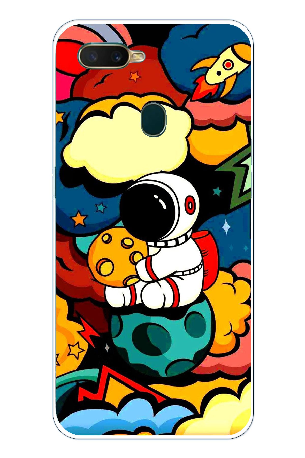 TechTree Oppo A5S- AX7 - A12 Uyumlu Renkli Astronot Tasarımlı Şeffaf Silikon Kılıf